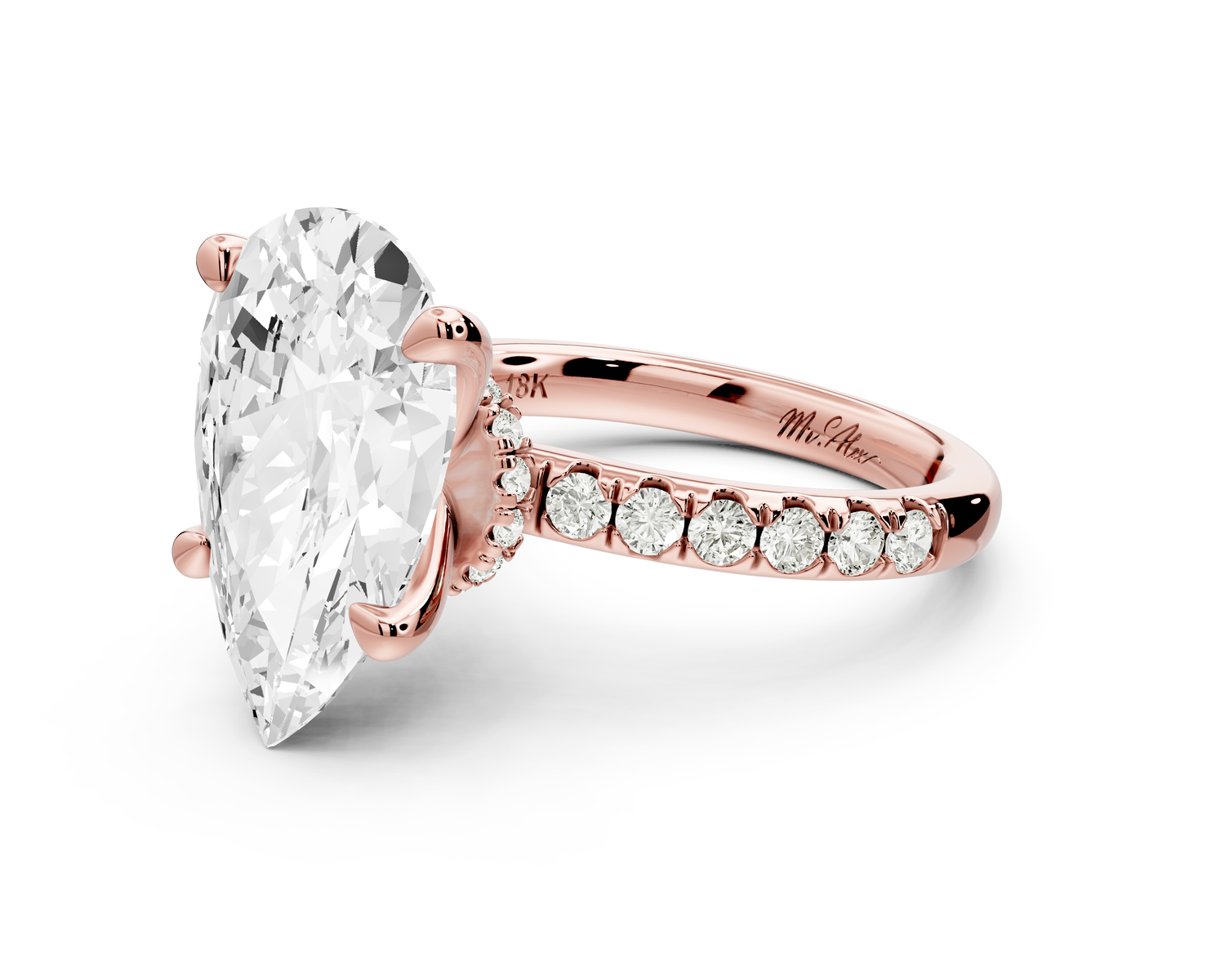 Flora - 5ct 14k rose gold pear talong prong Wrap around halo Half Band Engagement Ring