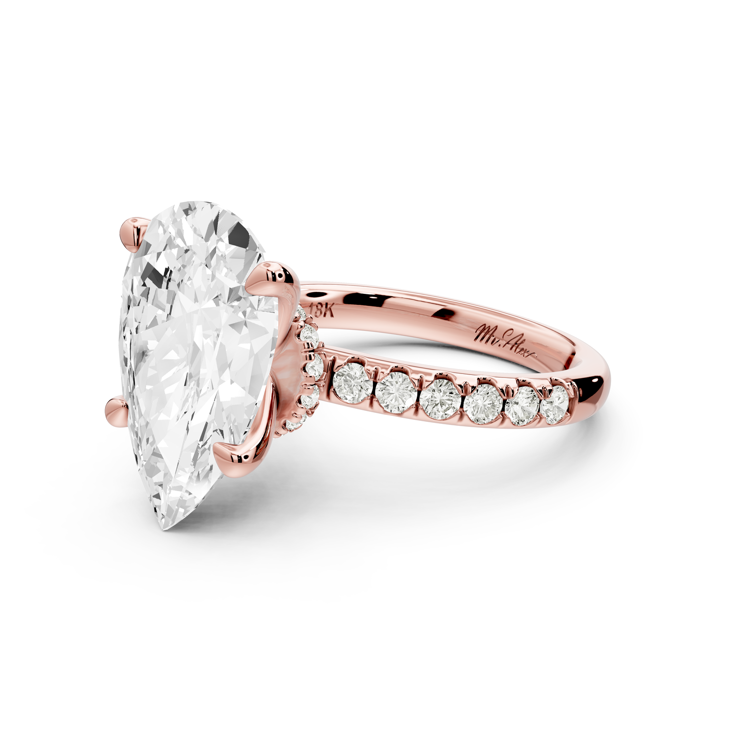 Flora - 5ct 14k rose gold pear talong prong Wrap around halo Half Band Engagement Ring