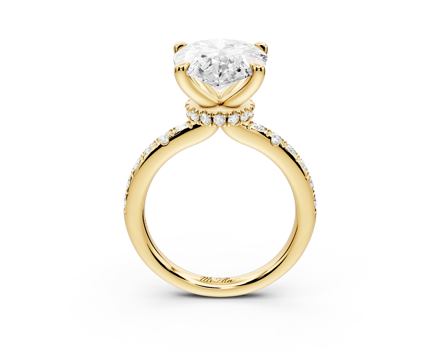 Flora - 5ct 14k yellow gold pear talong prong Wrap around halo Half Band Engagement Ring