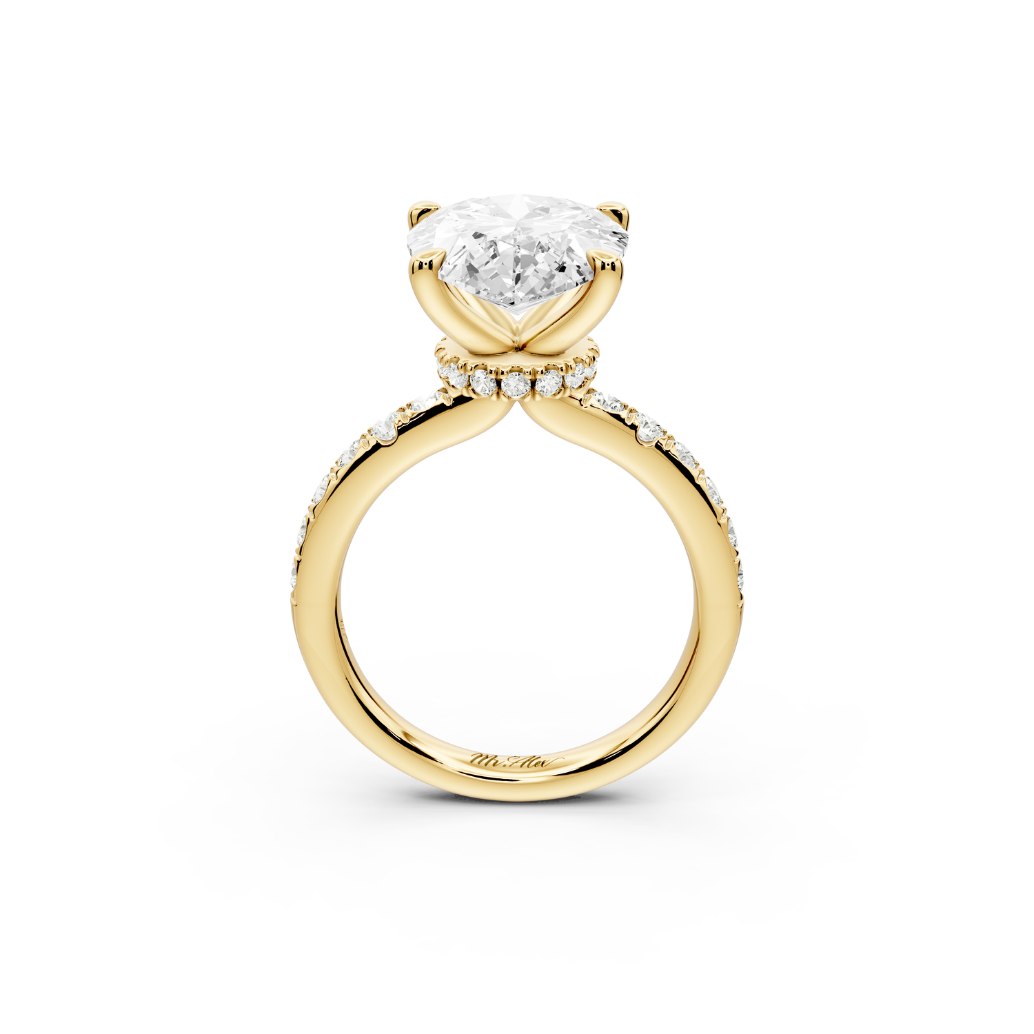 Flora - 5ct 14k yellow gold pear talong prong Wrap around halo Half Band Engagement Ring