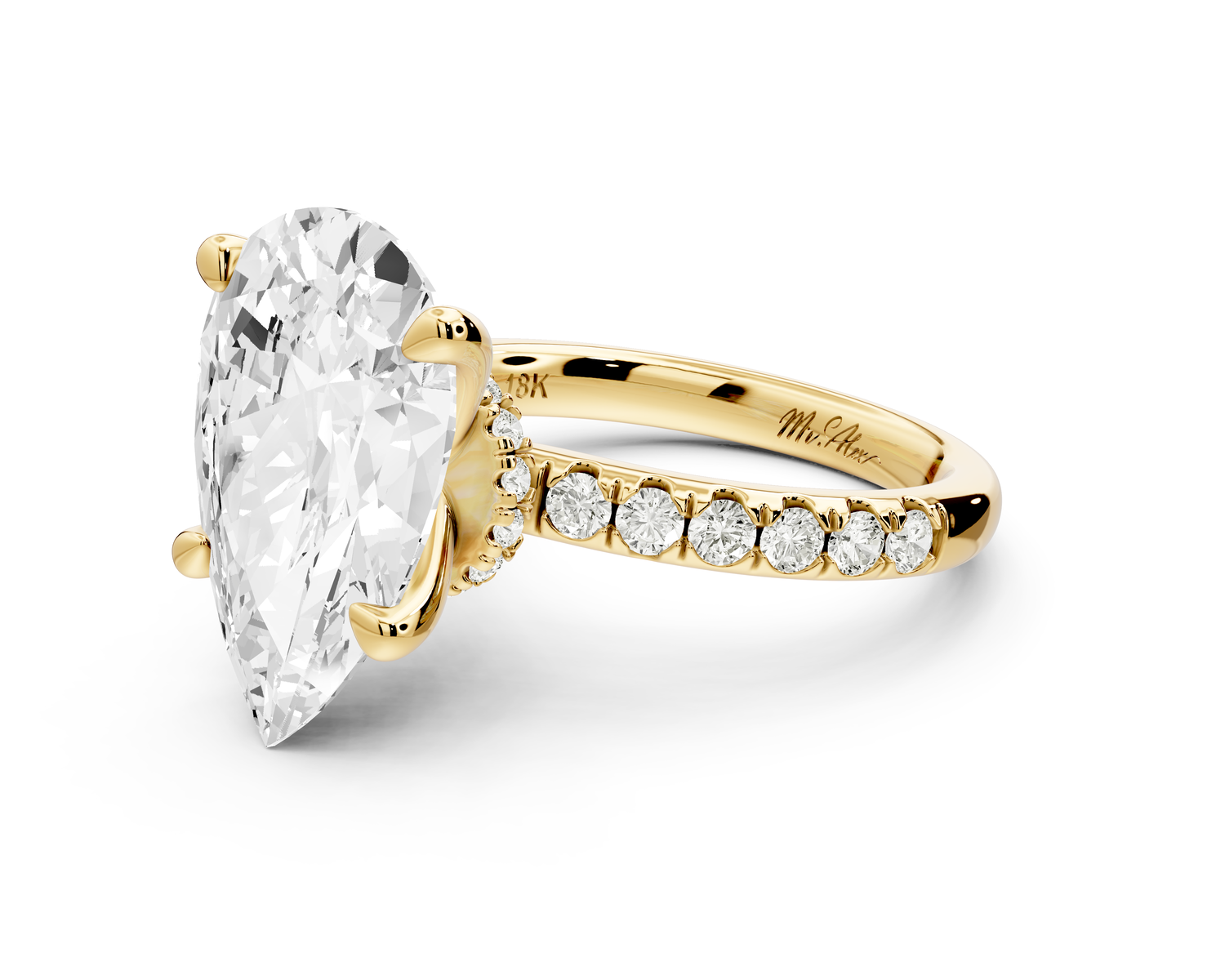 Flora - 5ct 14k yellow gold pear talong prong Wrap around halo Half Band Engagement Ring