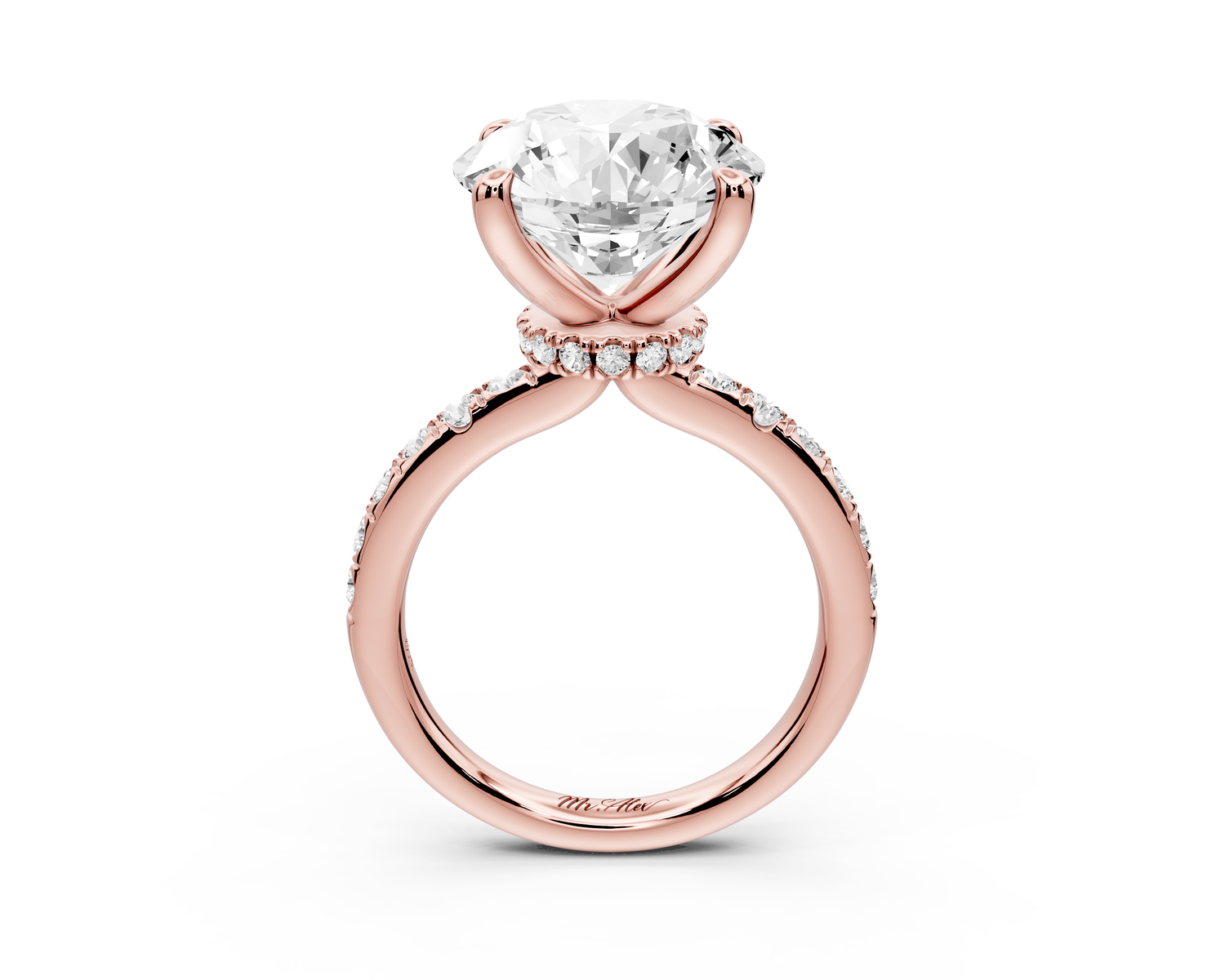 Flora - 5ct 14k rose gold round talong prong Wrap around halo Half Band Engagement Ring