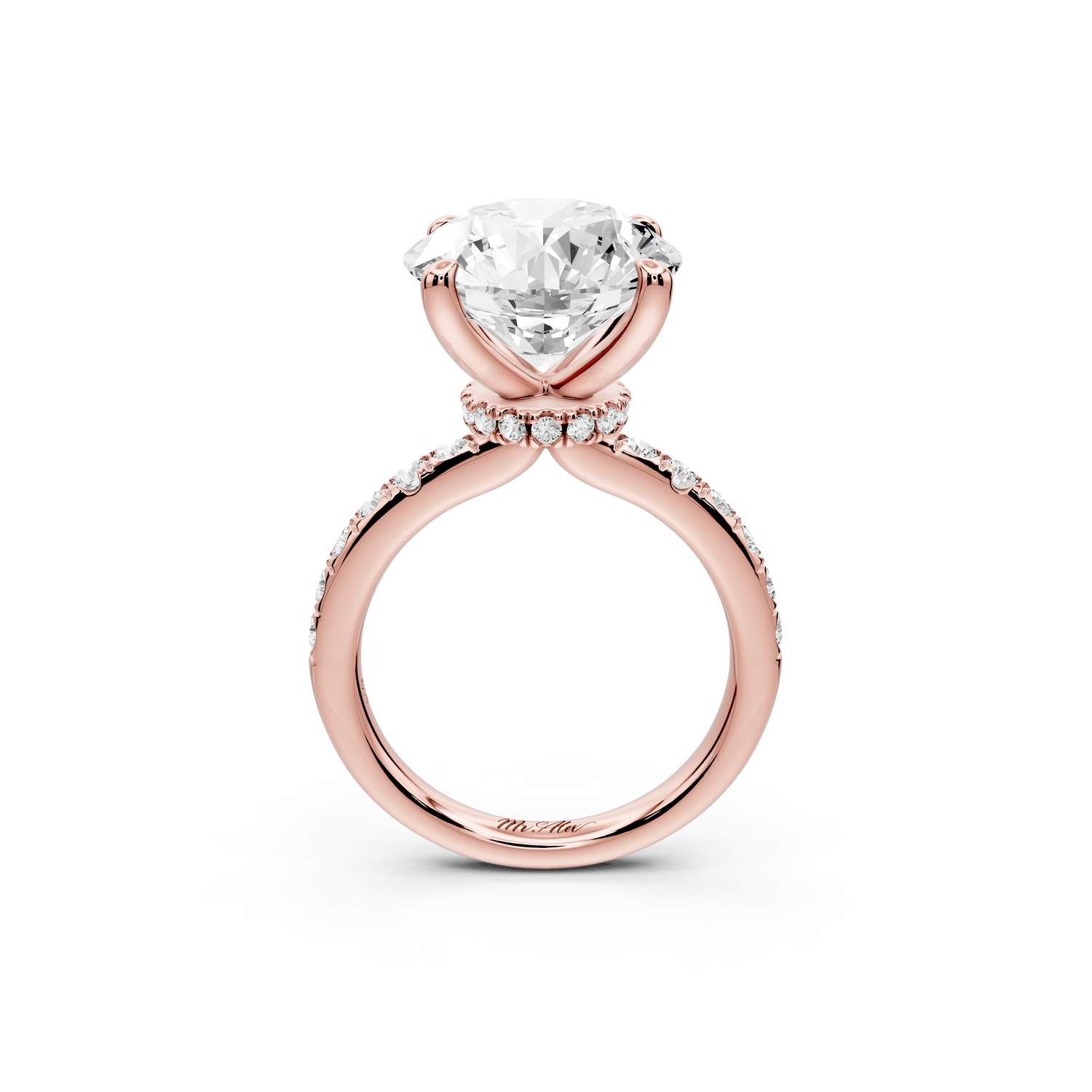 Flora - 5ct 14k rose gold round talong prong Wrap around halo Half Band Engagement Ring
