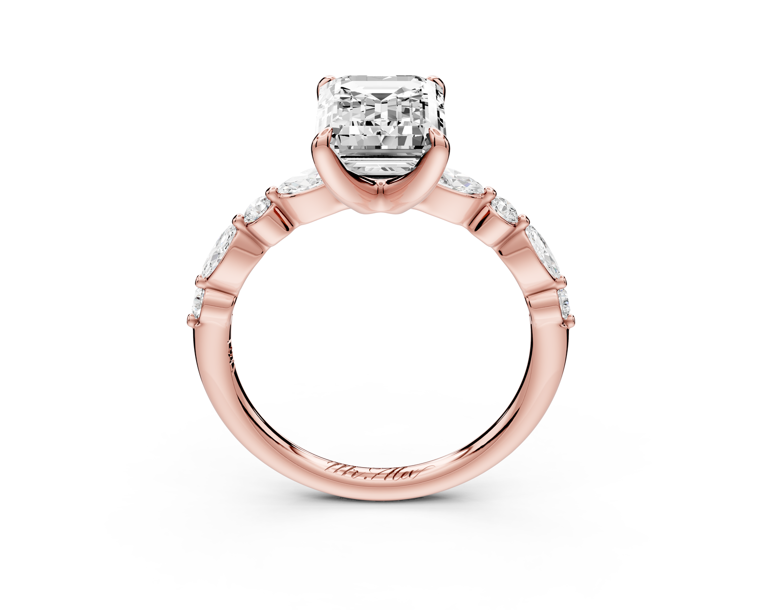 Amalia - 2ct 14k rose gold emerald Round Diamond with Alternating 8-Stone Marquise and Round Diamond Band Engagement Ring