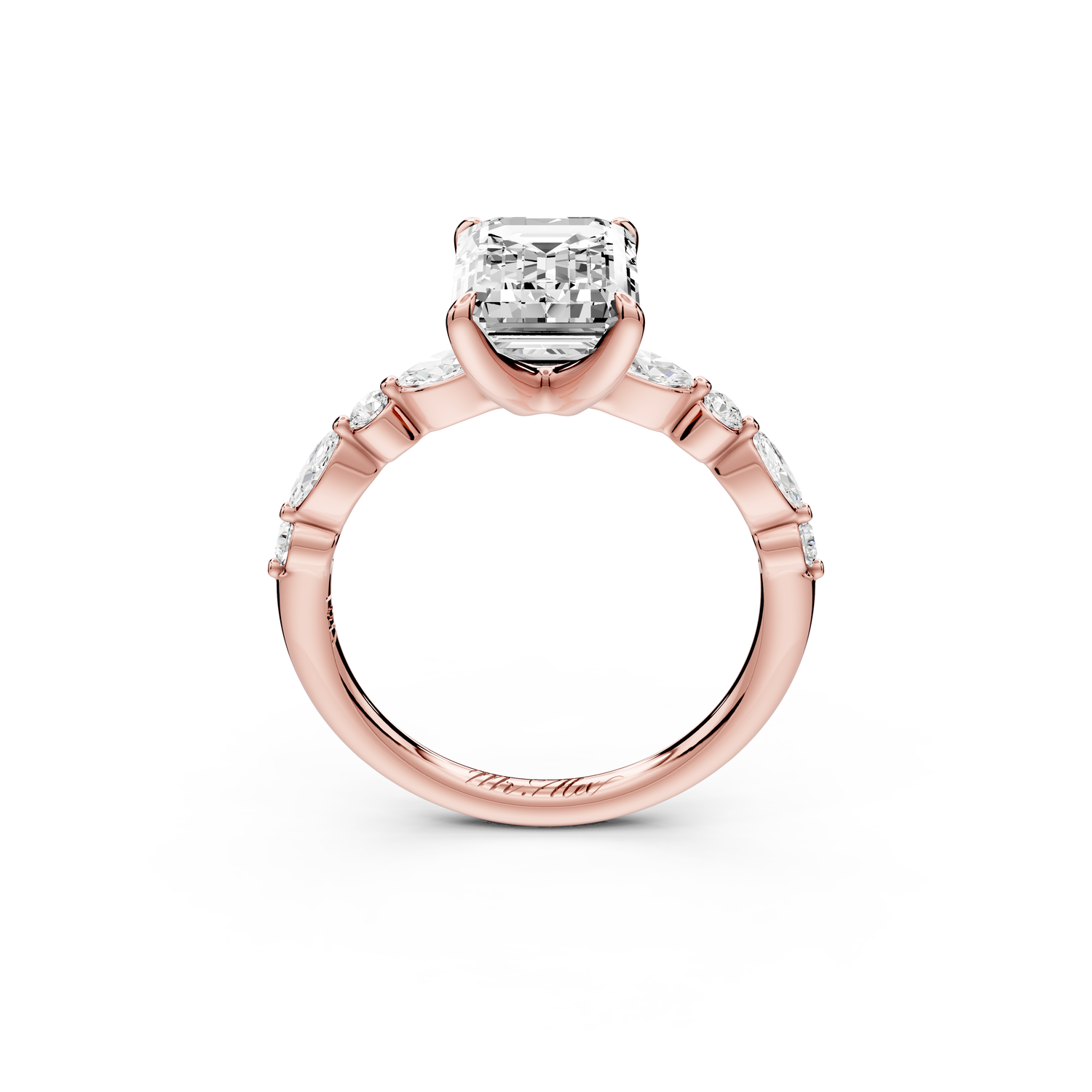 Amalia - 2ct 14k rose gold emerald Round Diamond with Alternating 8-Stone Marquise and Round Diamond Band Engagement Ring