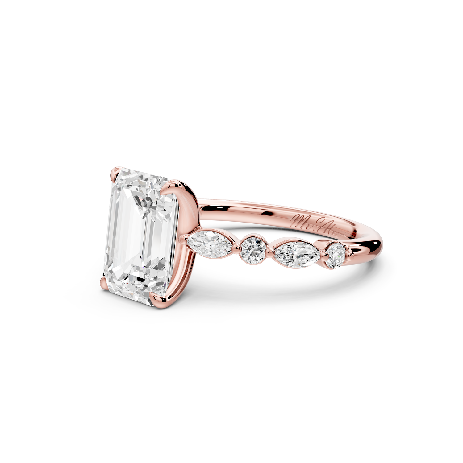 Amalia - 2ct 14k rose gold emerald Round Diamond with Alternating 8-Stone Marquise and Round Diamond Band Engagement Ring