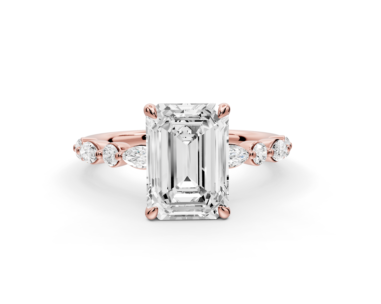 Amalia - 2ct 14k rose gold emerald Round Diamond with Alternating 8-Stone Marquise and Round Diamond Band Engagement Ring