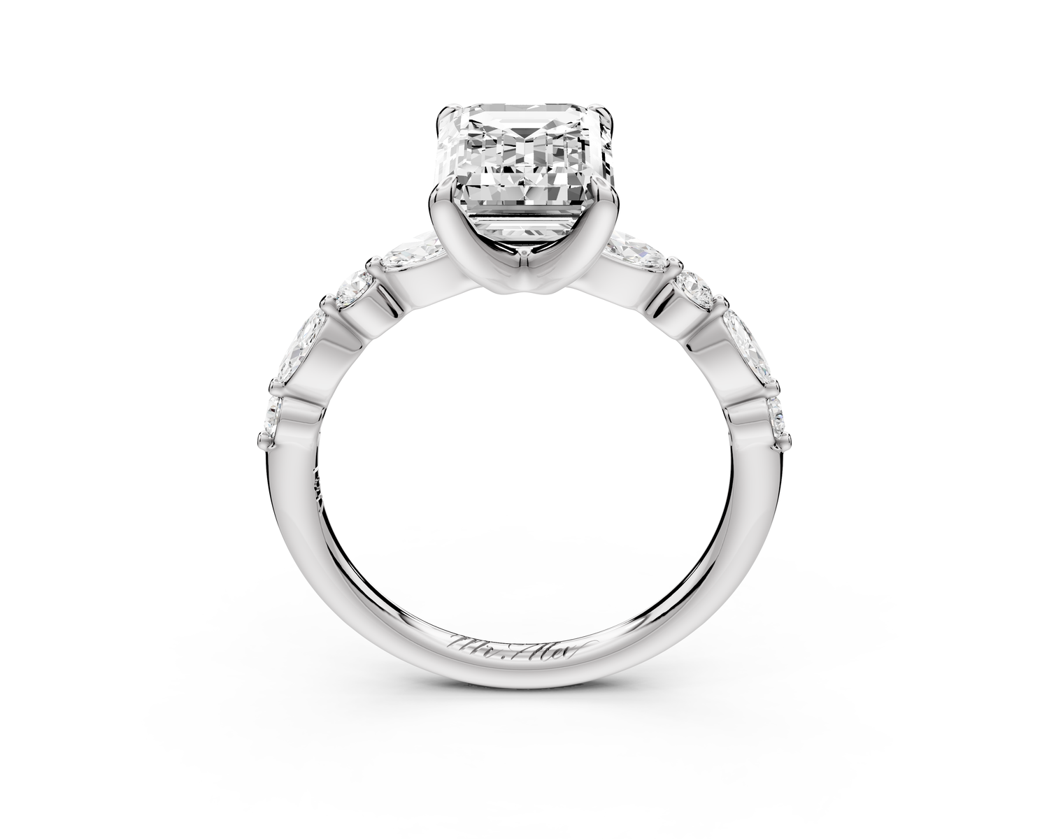 Amalia - 2ct 14k white gold emerald Round Diamond with Alternating 8-Stone Marquise and Round Diamond Band Engagement Ring