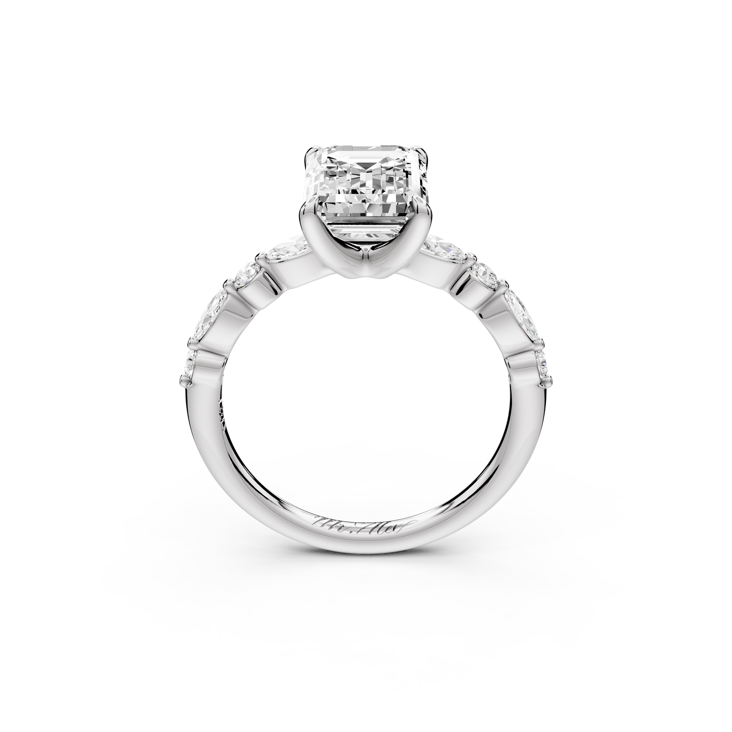 Amalia - 2ct 14k white gold emerald Round Diamond with Alternating 8-Stone Marquise and Round Diamond Band Engagement Ring