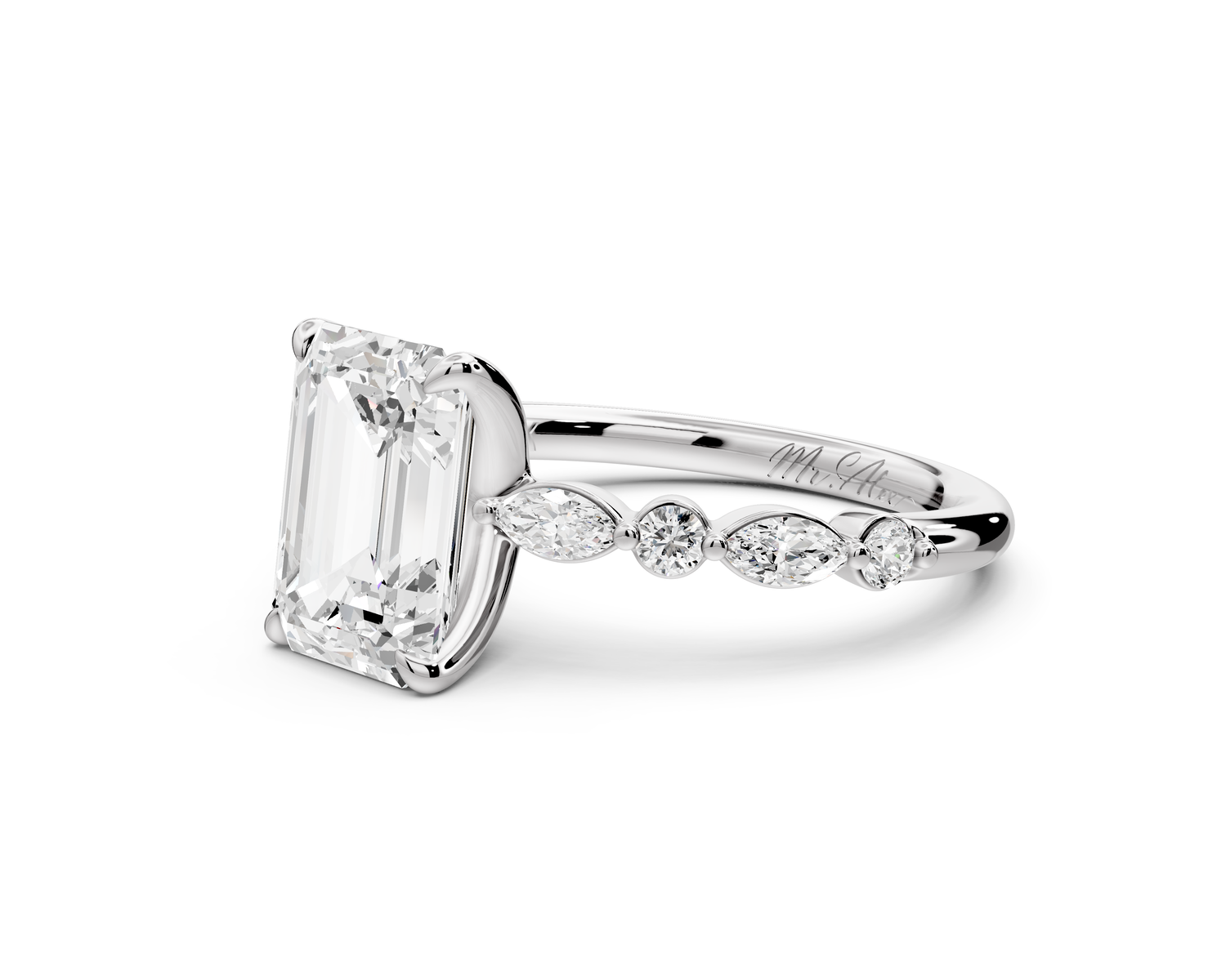 Amalia - 2ct 14k white gold emerald Round Diamond with Alternating 8-Stone Marquise and Round Diamond Band Engagement Ring