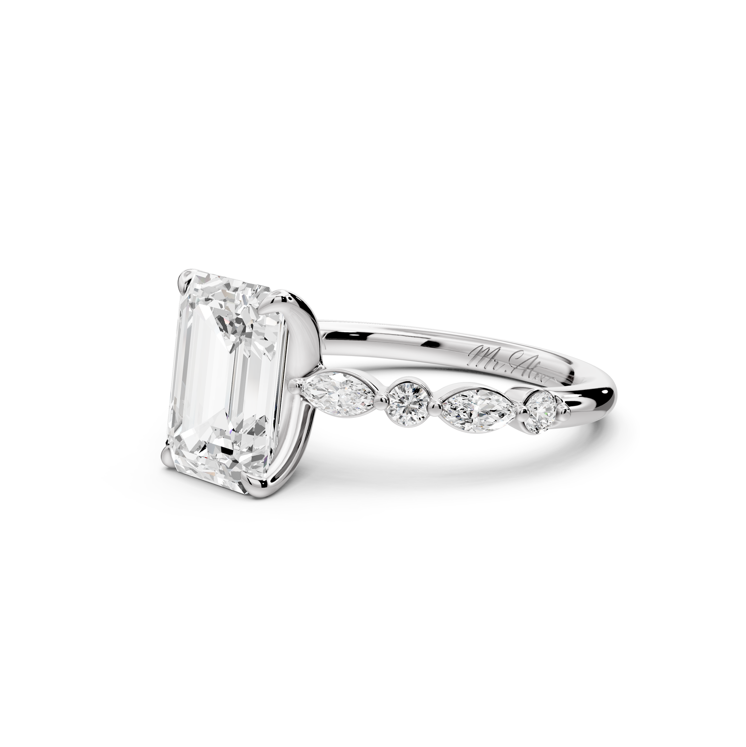Amalia - 2ct 14k white gold emerald Round Diamond with Alternating 8-Stone Marquise and Round Diamond Band Engagement Ring