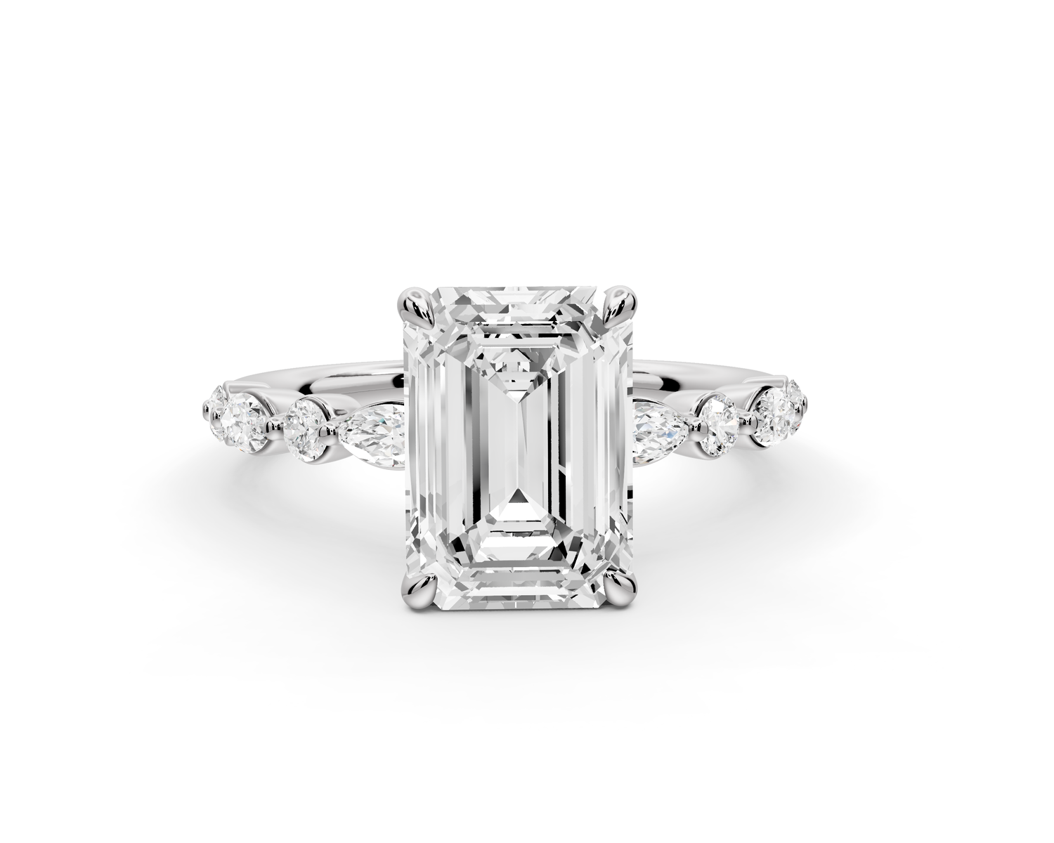Amalia - 2ct 14k white gold emerald Round Diamond with Alternating 8-Stone Marquise and Round Diamond Band Engagement Ring