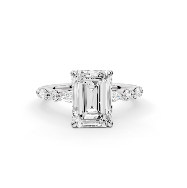 Amalia - 2ct 14k white gold emerald Round Diamond with Alternating 8-Stone Marquise and Round Diamond Band Engagement Ring