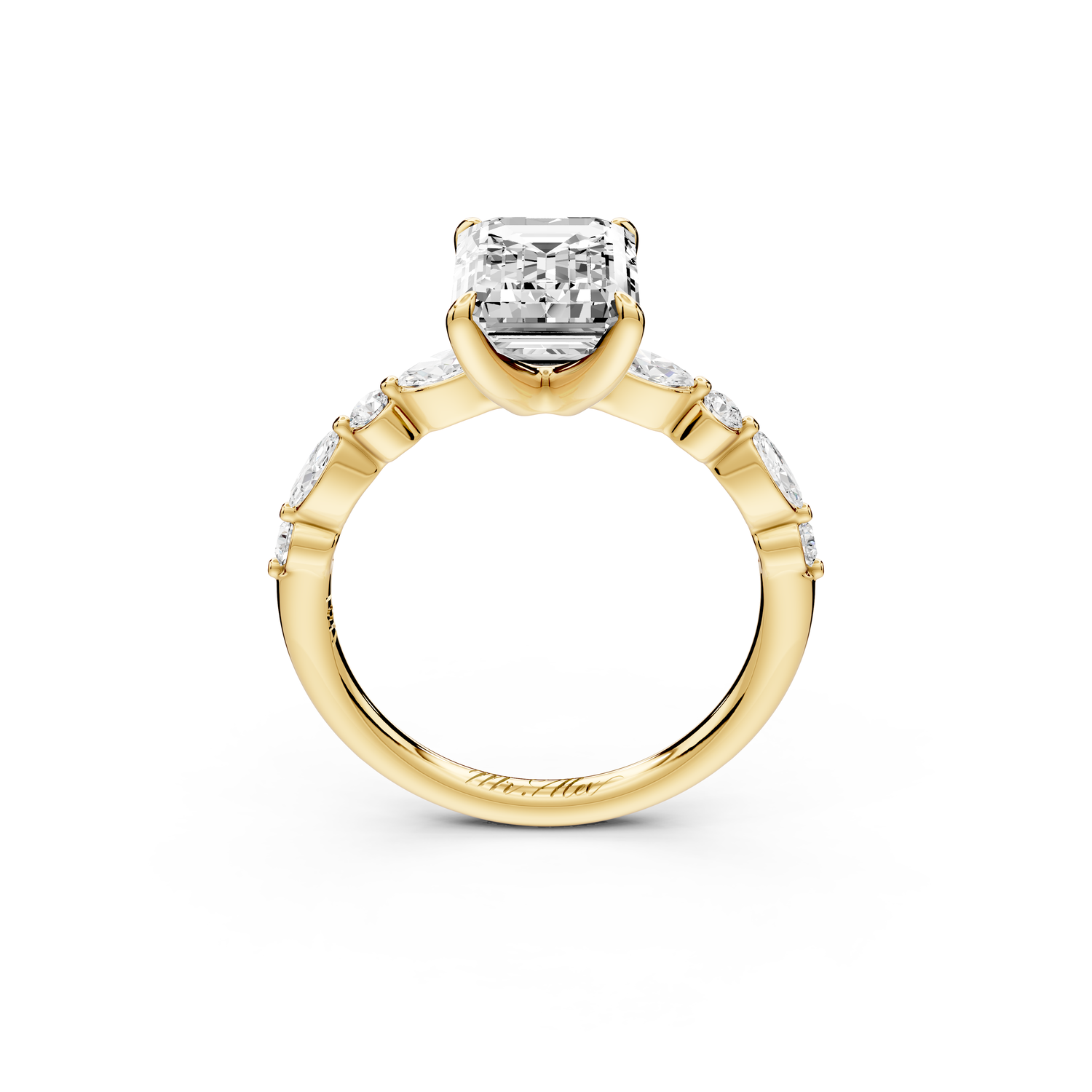 Amalia - 2ct 14k yellow gold emerald Round Diamond with Alternating 8-Stone Marquise and Round Diamond Band Engagement Ring