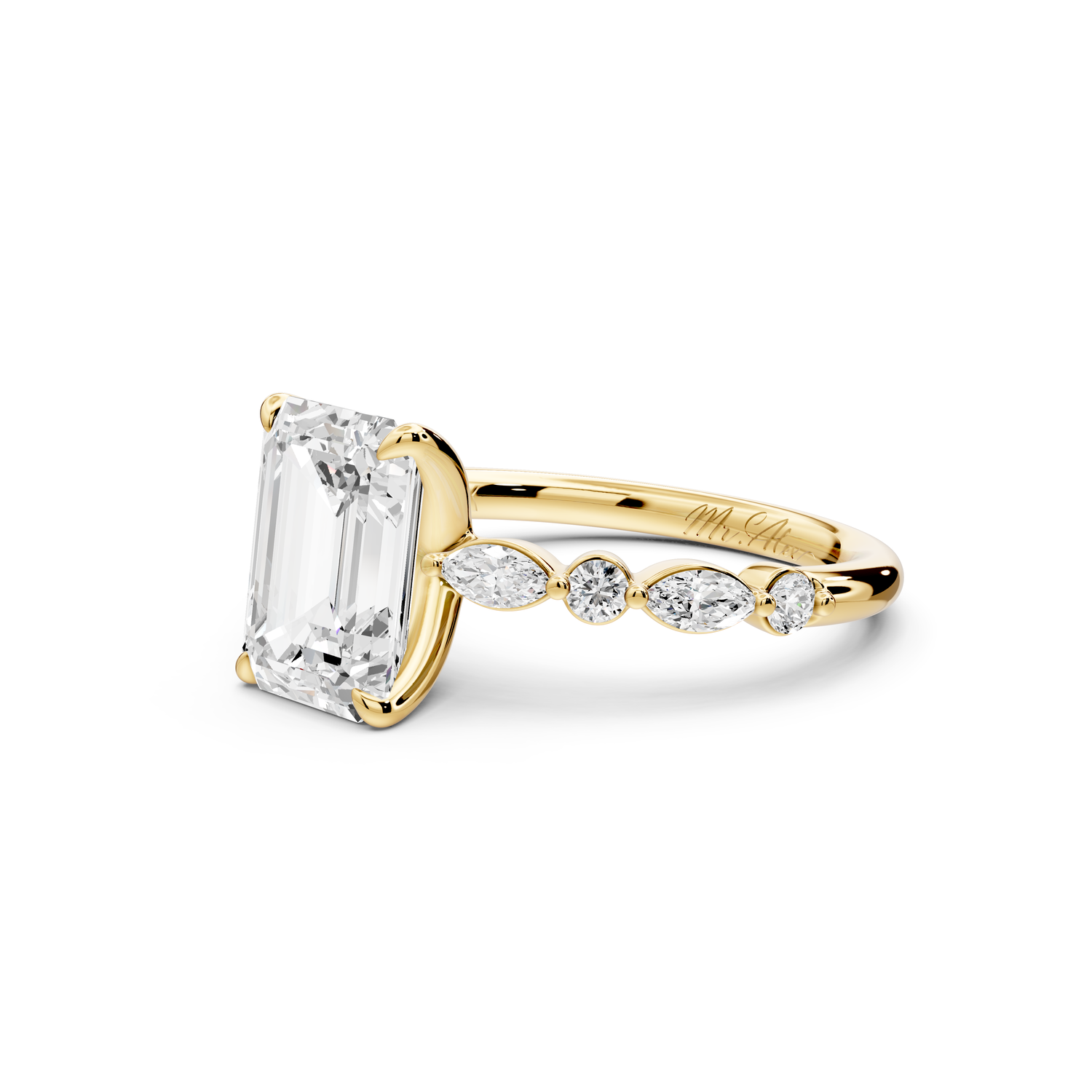Amalia - 2ct 14k yellow gold emerald Round Diamond with Alternating 8-Stone Marquise and Round Diamond Band Engagement Ring
