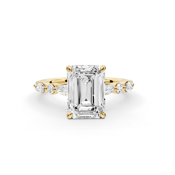 Amalia - 2ct 14k yellow gold emerald Round Diamond with Alternating 8-Stone Marquise and Round Diamond Band Engagement Ring