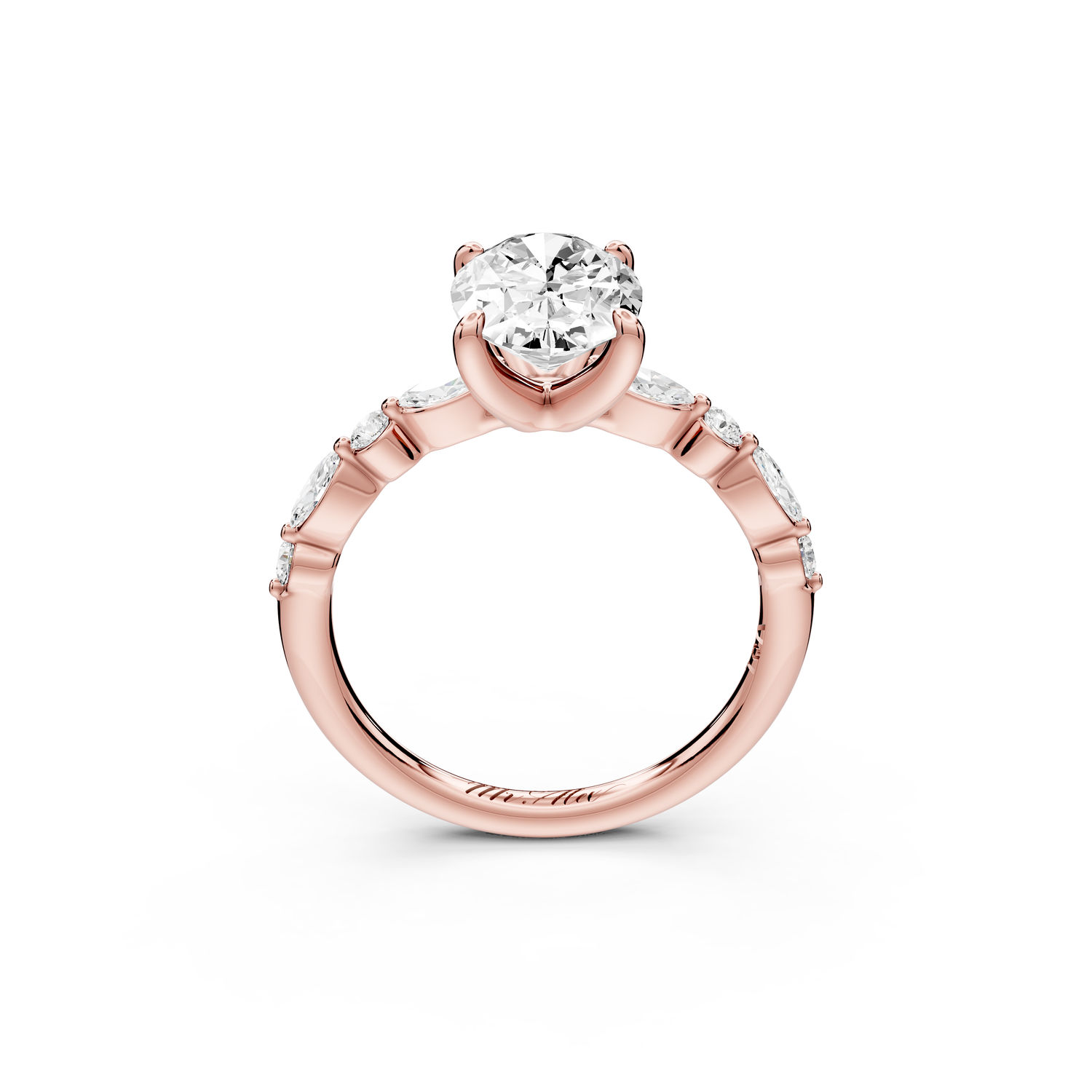 Amalia - 2ct 14k rose gold oval Round Diamond with Alternating 8-Stone Marquise and Round Diamond Band Engagement Ring