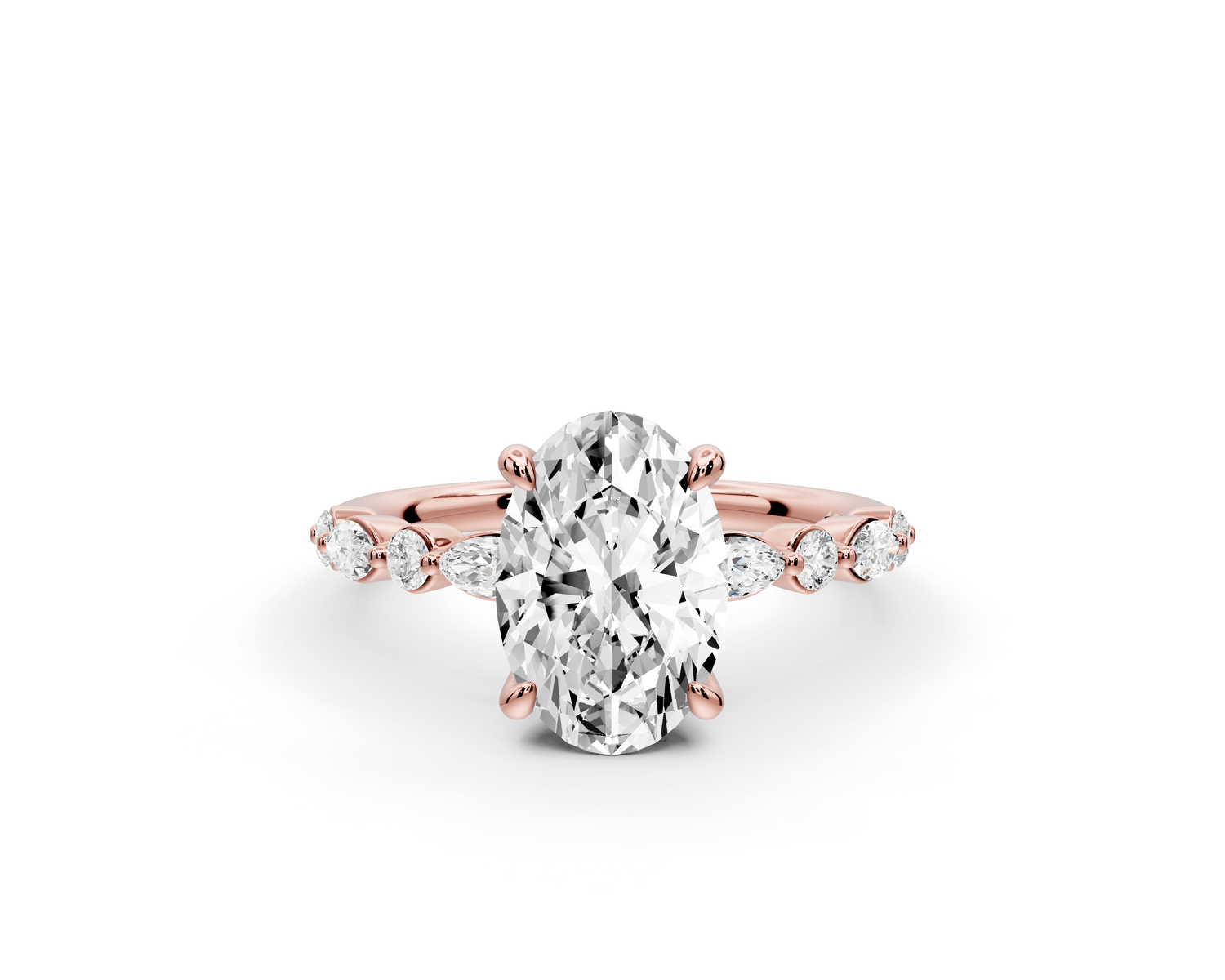 Amalia - 2ct 14k rose gold oval Round Diamond with Alternating 8-Stone Marquise and Round Diamond Band Engagement Ring