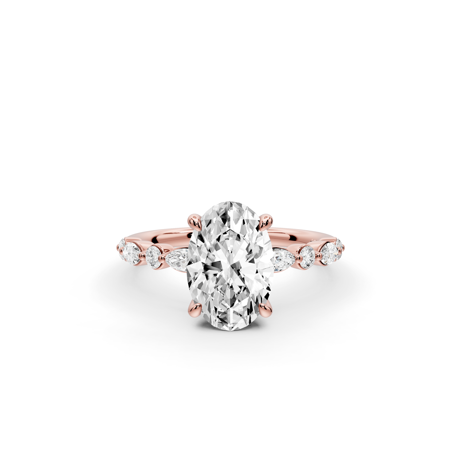 Amalia - 2ct 14k rose gold oval Round Diamond with Alternating 8-Stone Marquise and Round Diamond Band Engagement Ring