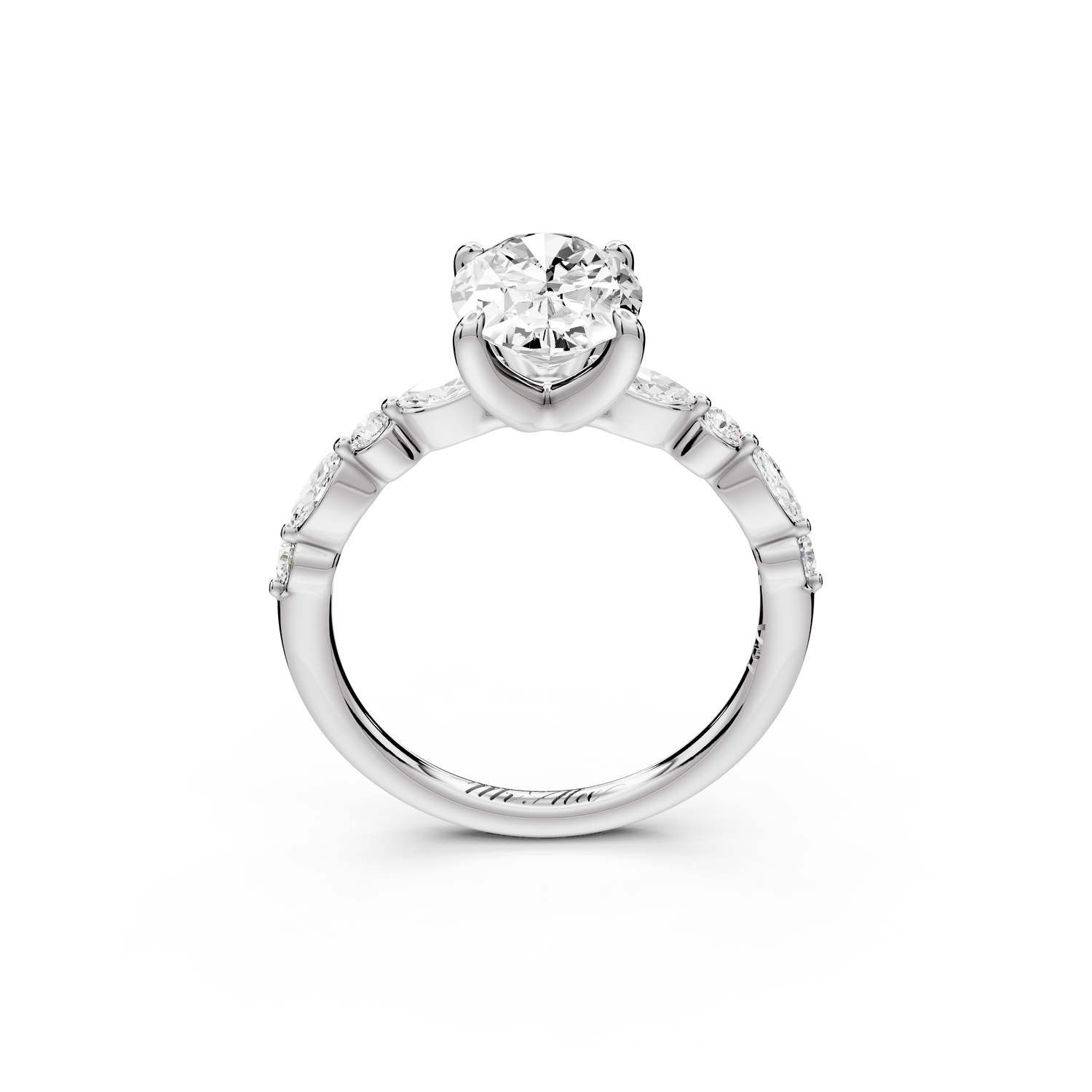 Amalia - 2ct 14k white gold oval Round Diamond with Alternating 8-Stone Marquise and Round Diamond Band Engagement Ring
