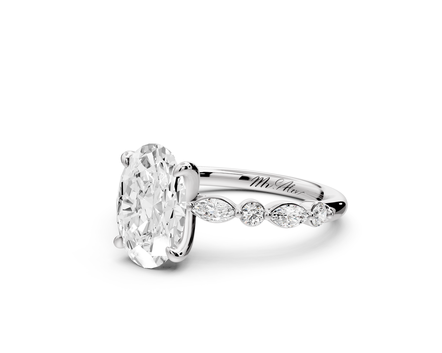 Amalia - 2ct 14k white gold oval Round Diamond with Alternating 8-Stone Marquise and Round Diamond Band Engagement Ring