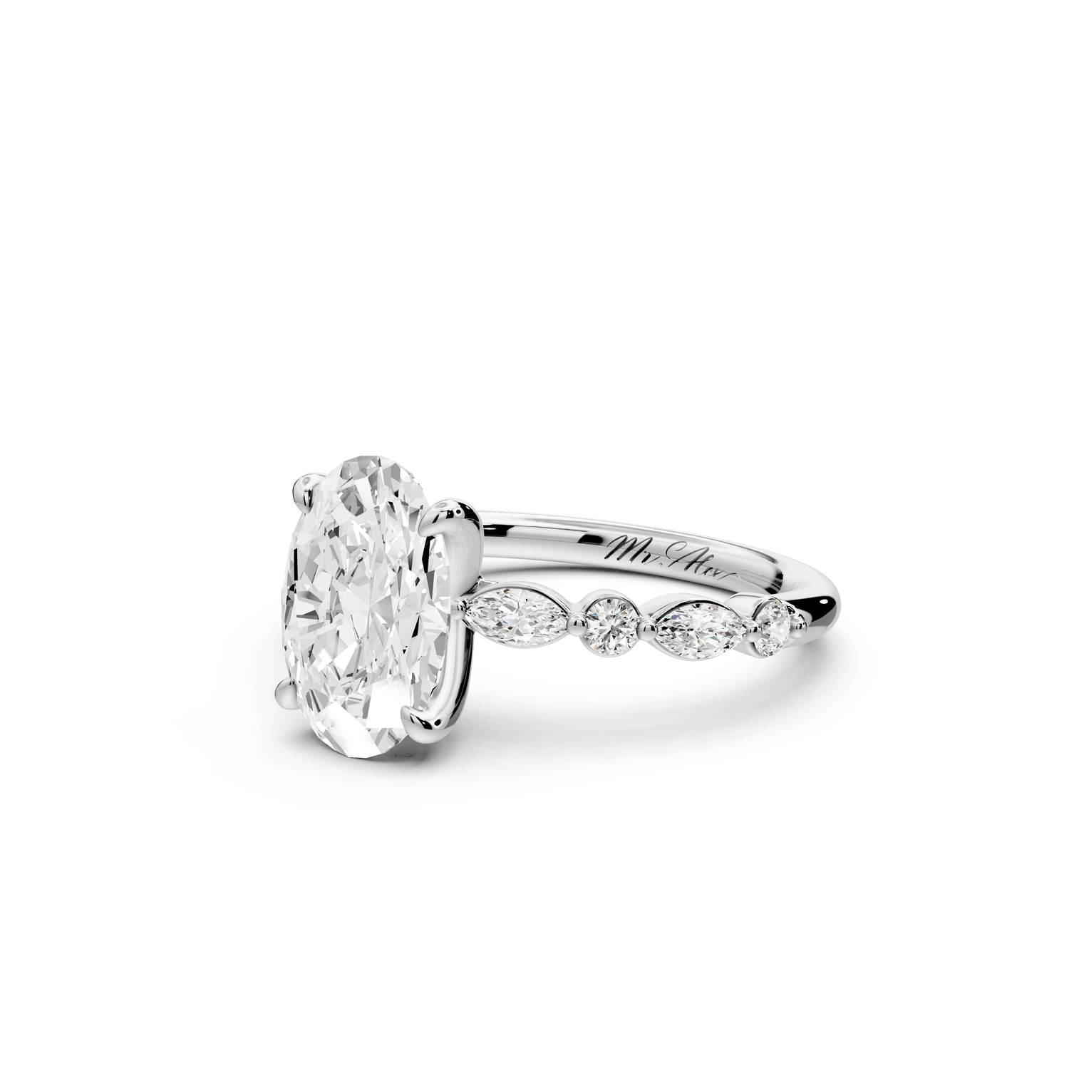 Amalia - 2ct 14k white gold oval Round Diamond with Alternating 8-Stone Marquise and Round Diamond Band Engagement Ring