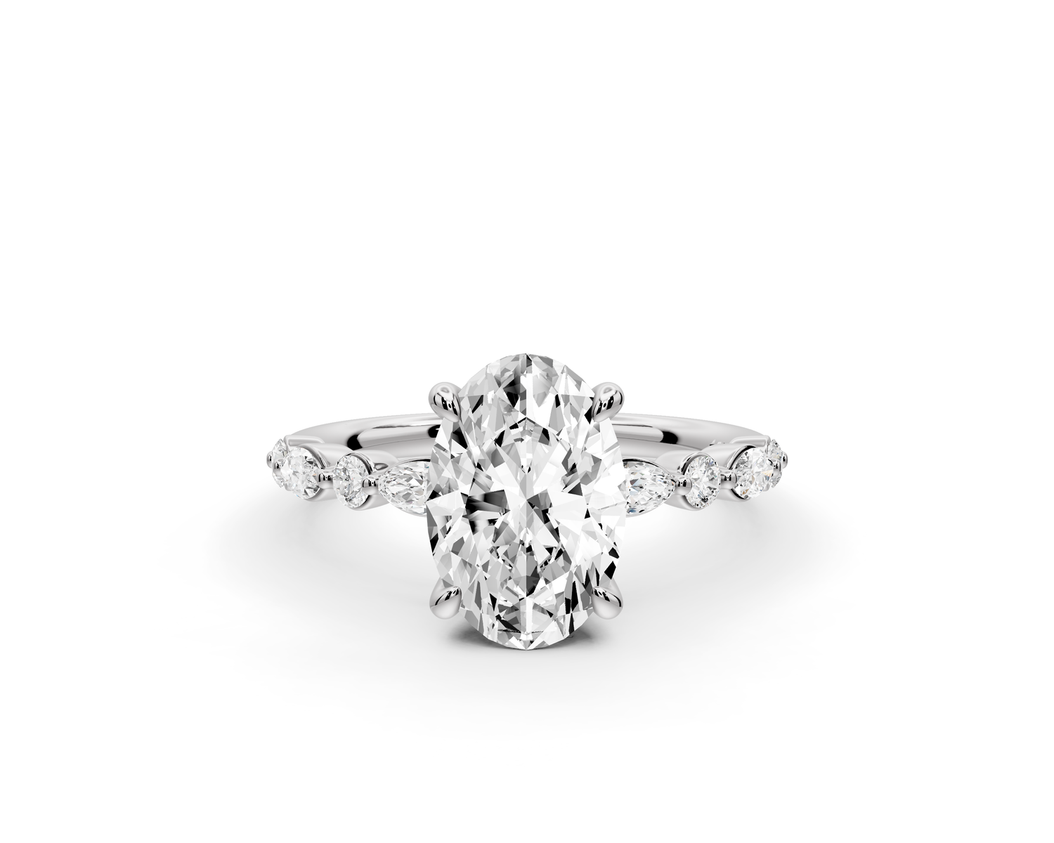 Amalia - 2ct 14k white gold oval Round Diamond with Alternating 8-Stone Marquise and Round Diamond Band Engagement Ring