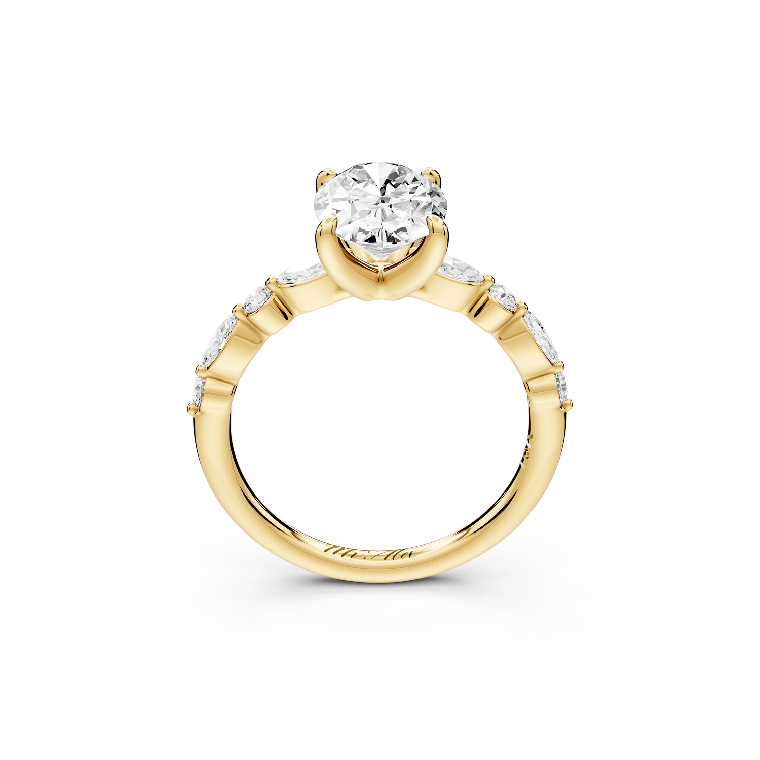 Amalia - 2ct 14k yellow gold oval Round Diamond with Alternating 8-Stone Marquise and Round Diamond Band Engagement Ring