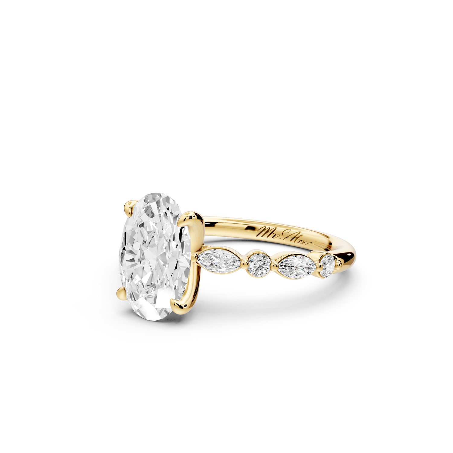 Amalia - 2ct 14k yellow gold oval Round Diamond with Alternating 8-Stone Marquise and Round Diamond Band Engagement Ring