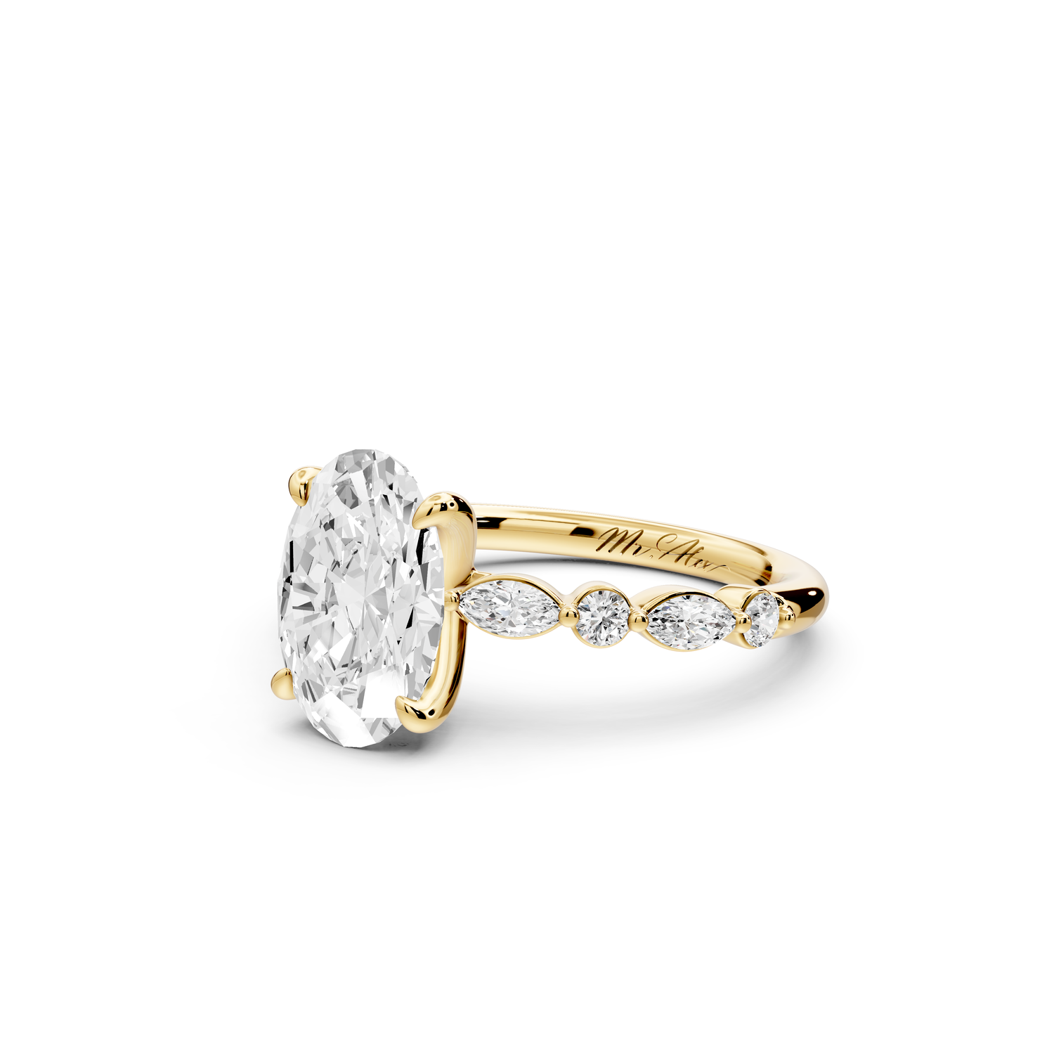 Amalia - 2ct 14k yellow gold oval Round Diamond with Alternating 8-Stone Marquise and Round Diamond Band Engagement Ring