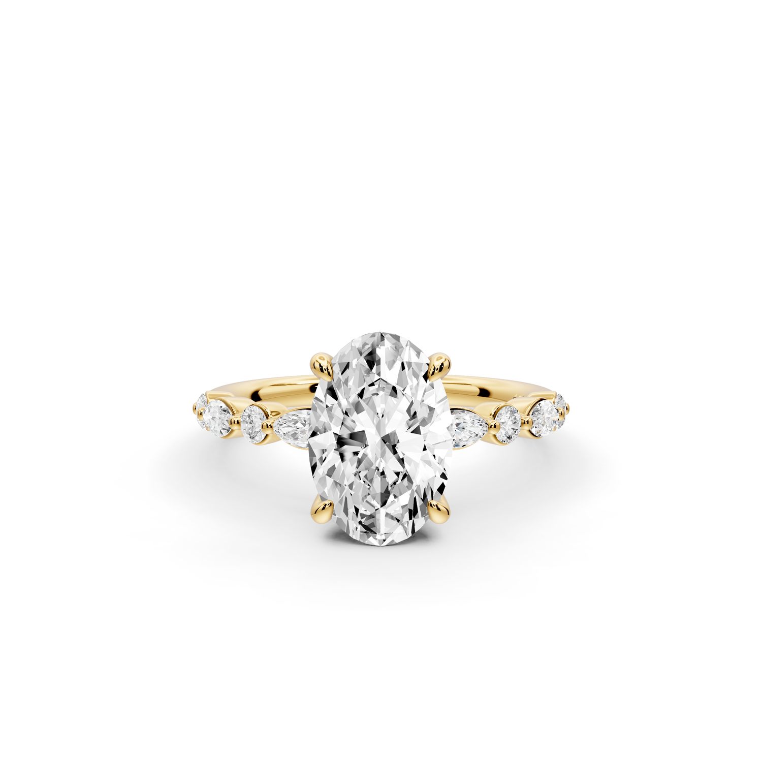 Amalia - 2ct 14k yellow gold oval Round Diamond with Alternating 8-Stone Marquise and Round Diamond Band Engagement Ring