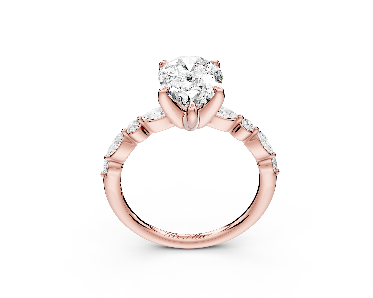 Amalia - 2ct 14k rose gold pear Round Diamond with Alternating 8-Stone Marquise and Round Diamond Band Engagement Ring