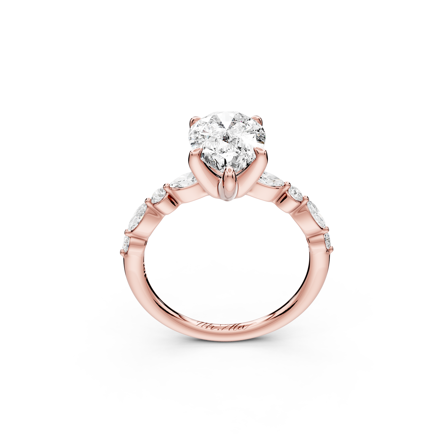 Amalia - 2ct 14k rose gold pear Round Diamond with Alternating 8-Stone Marquise and Round Diamond Band Engagement Ring