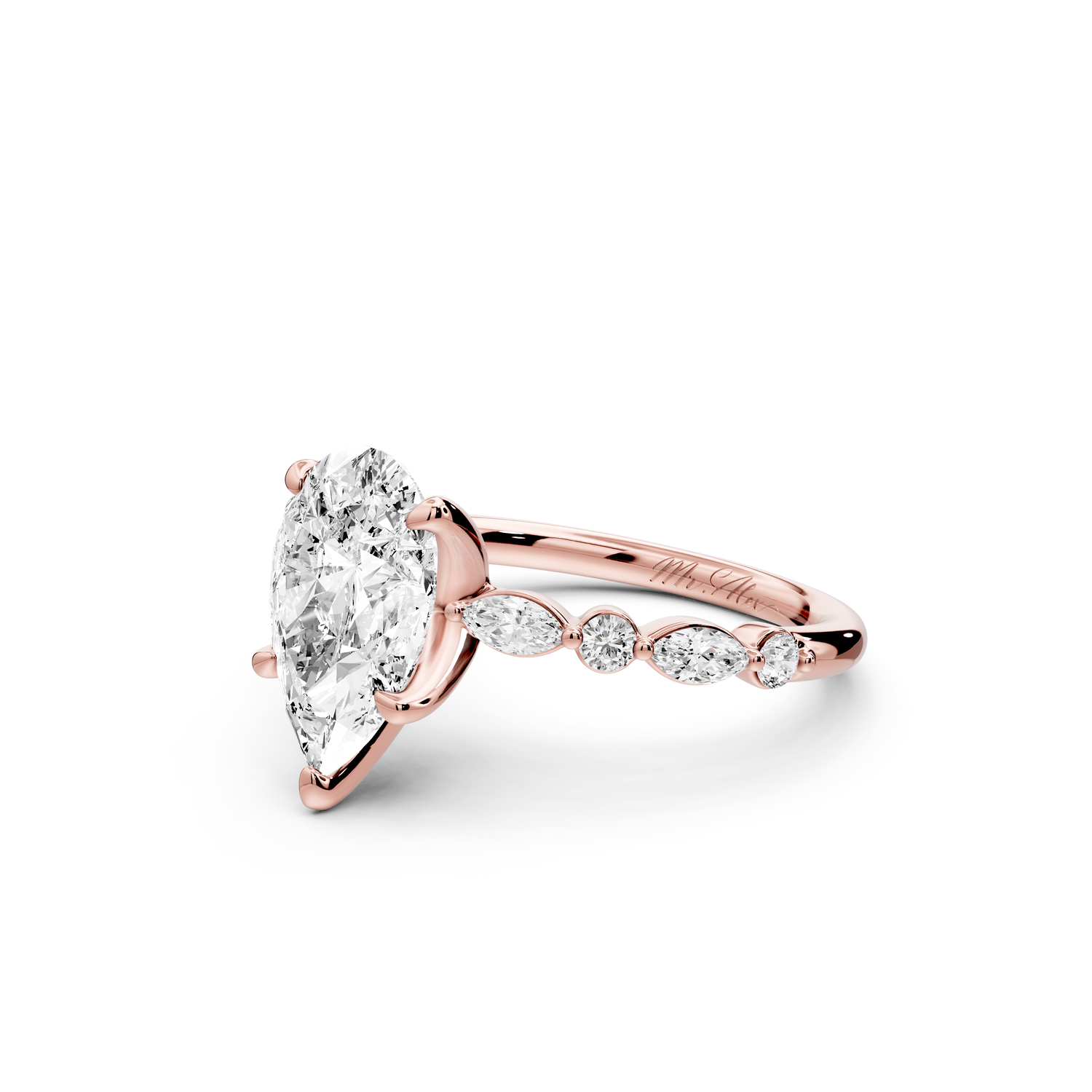 Amalia - 2ct 14k rose gold pear Round Diamond with Alternating 8-Stone Marquise and Round Diamond Band Engagement Ring