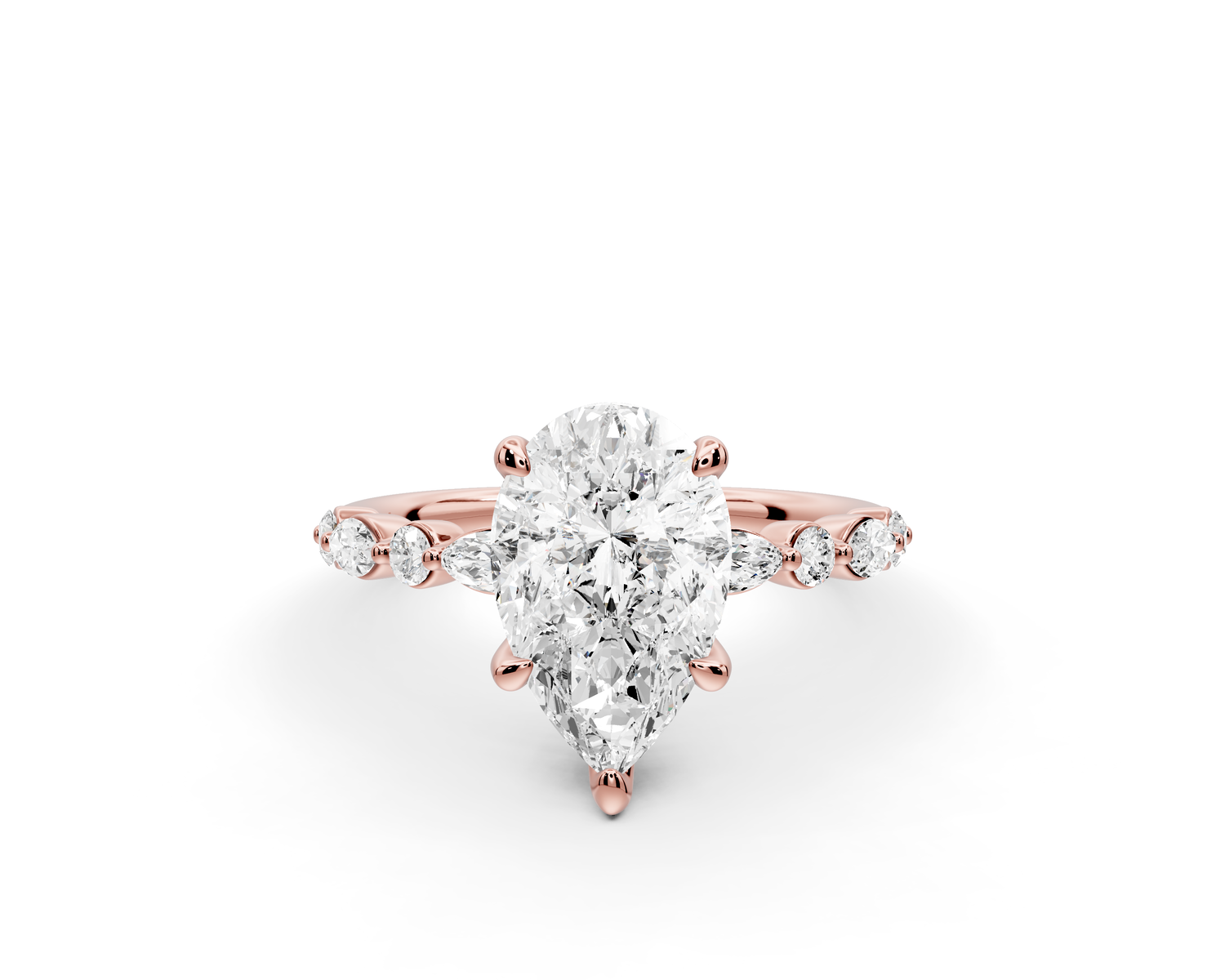 Amalia - 2ct 14k rose gold pear Round Diamond with Alternating 8-Stone Marquise and Round Diamond Band Engagement Ring
