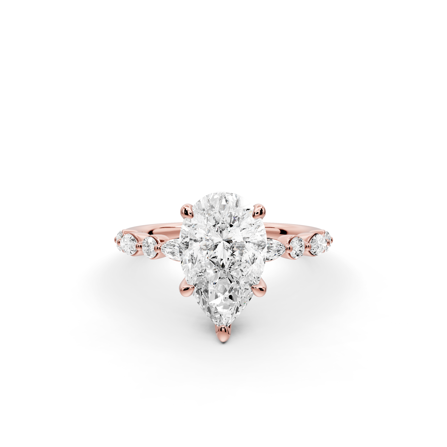 Amalia - 2ct 14k rose gold pear Round Diamond with Alternating 8-Stone Marquise and Round Diamond Band Engagement Ring