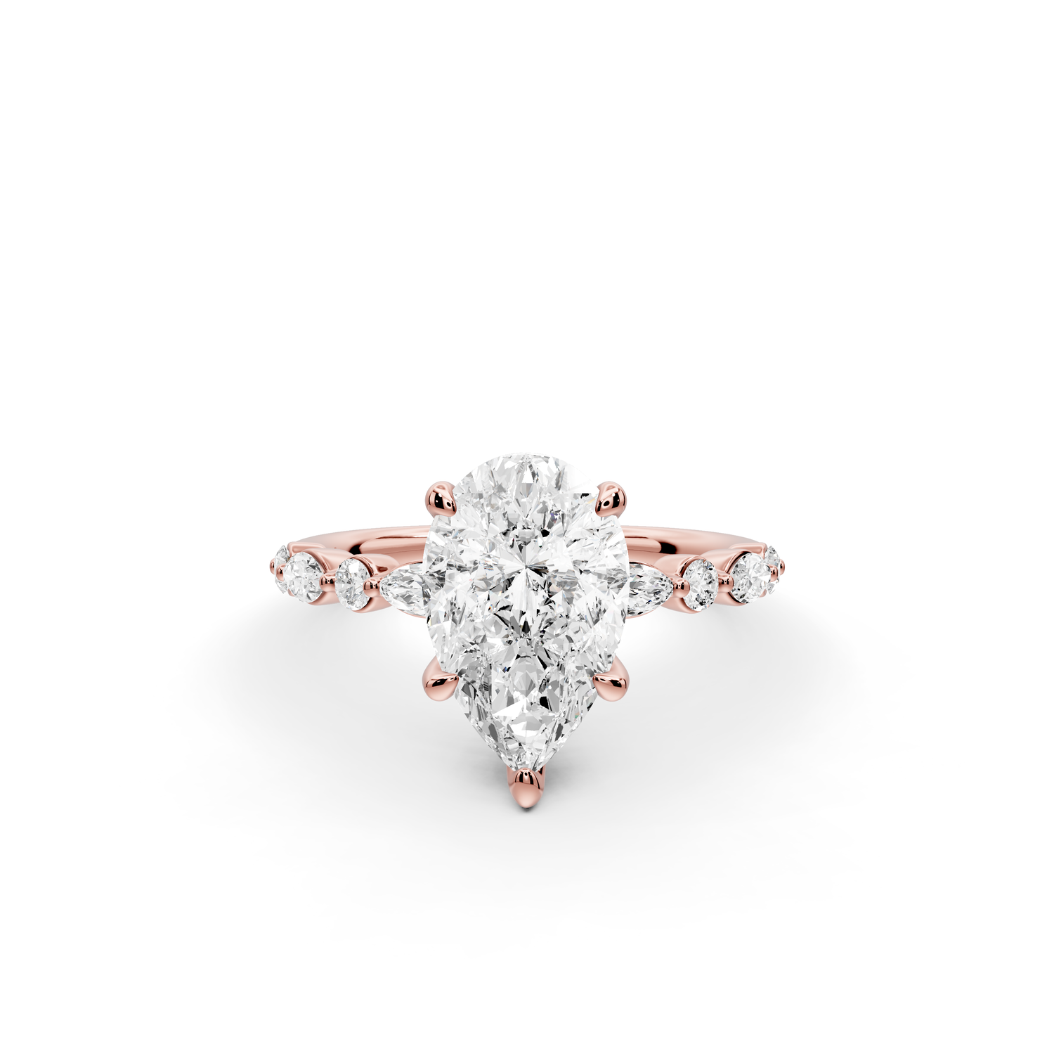 Amalia - 2ct 14k rose gold pear Round Diamond with Alternating 8-Stone Marquise and Round Diamond Band Engagement Ring