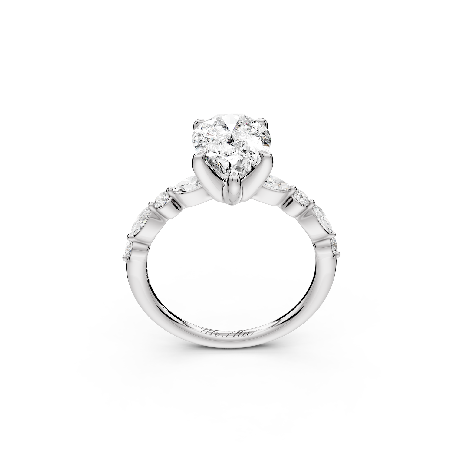 Amalia - 2ct 14k white gold pear Round Diamond with Alternating 8-Stone Marquise and Round Diamond Band Engagement Ring