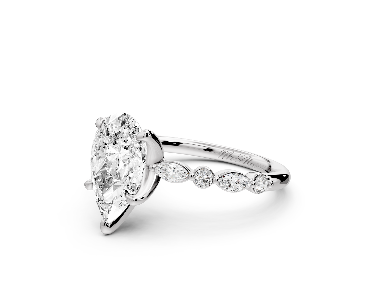 Amalia - 2ct 14k white gold pear Round Diamond with Alternating 8-Stone Marquise and Round Diamond Band Engagement Ring