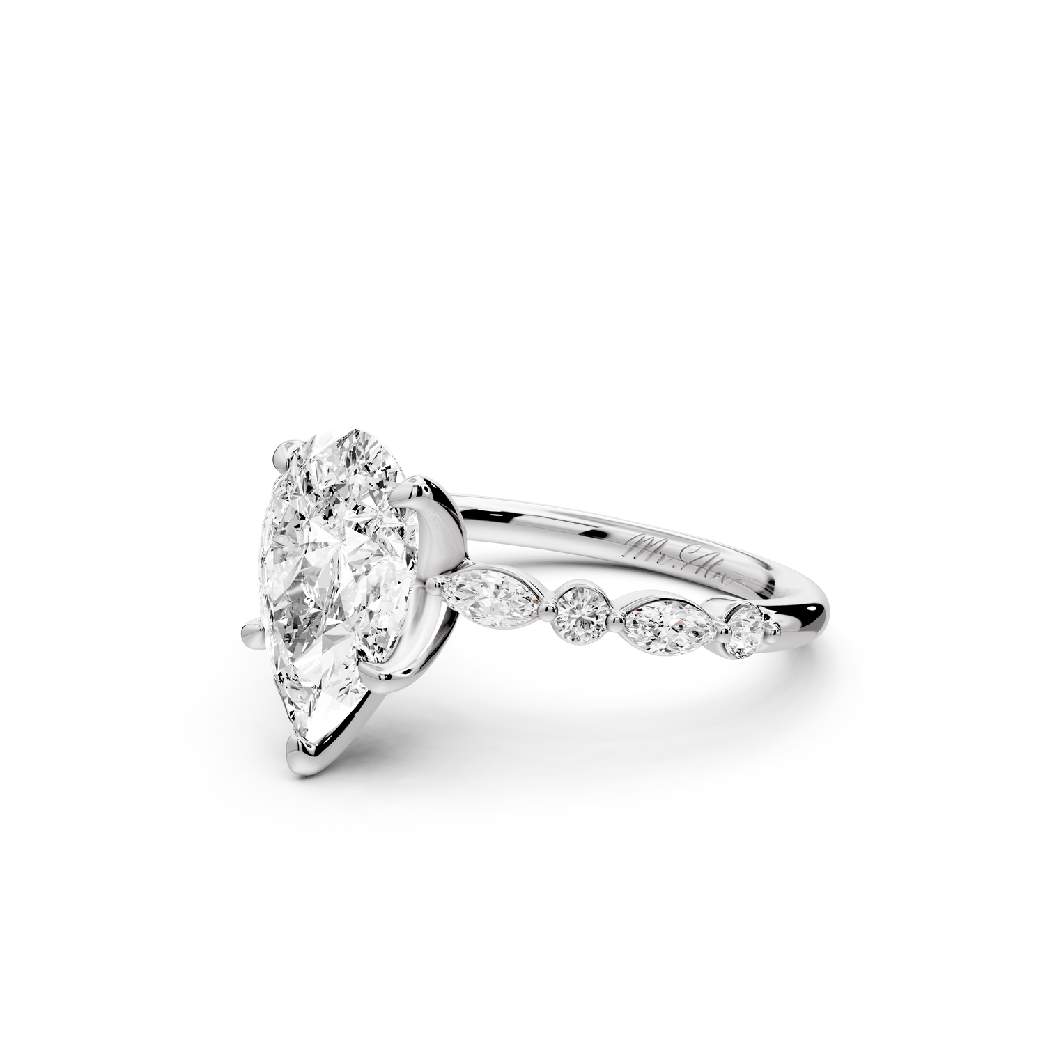 Amalia - 2ct 14k white gold pear Round Diamond with Alternating 8-Stone Marquise and Round Diamond Band Engagement Ring
