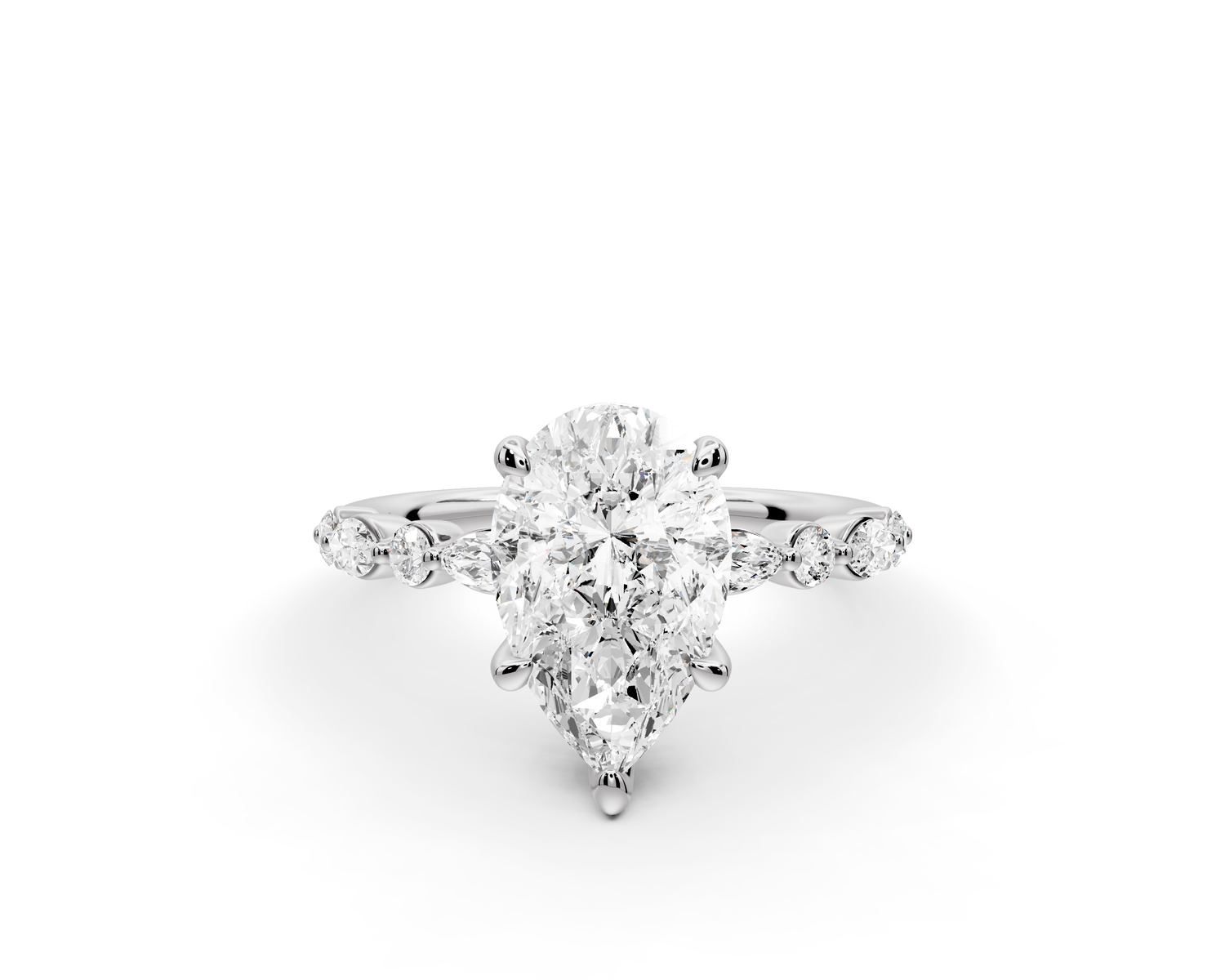 Amalia - 2ct 14k white gold pear Round Diamond with Alternating 8-Stone Marquise and Round Diamond Band Engagement Ring