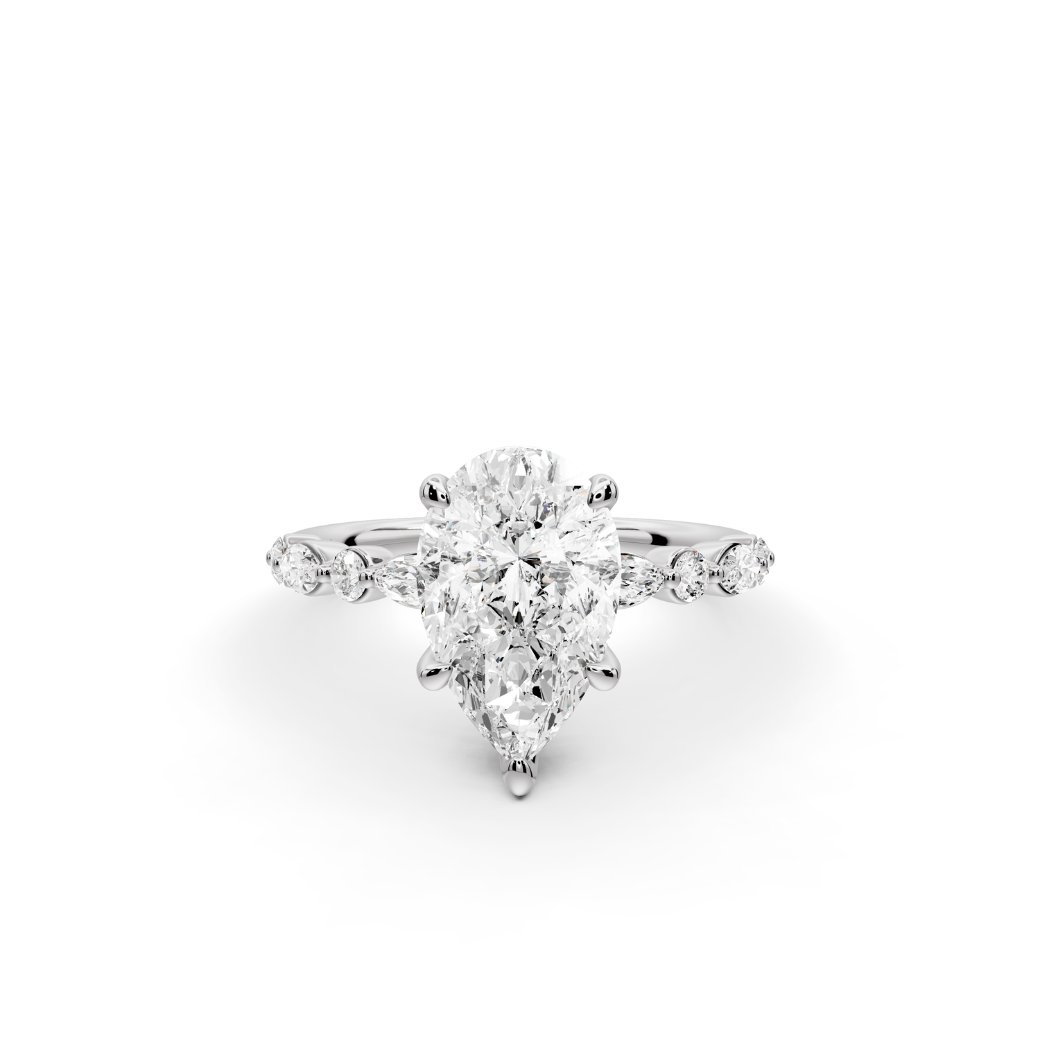 Amalia - 2ct 14k white gold pear Round Diamond with Alternating 8-Stone Marquise and Round Diamond Band Engagement Ring