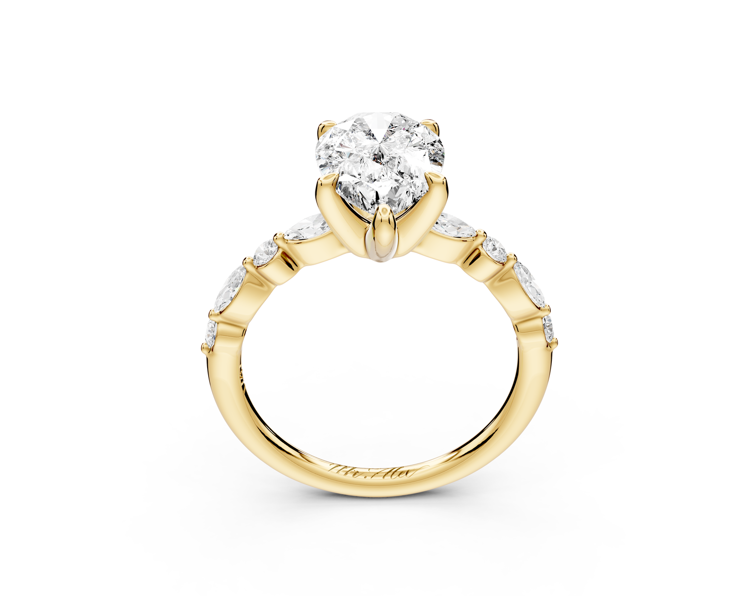 Amalia - 2ct 14k yellow gold pear Round Diamond with Alternating 8-Stone Marquise and Round Diamond Band Engagement Ring