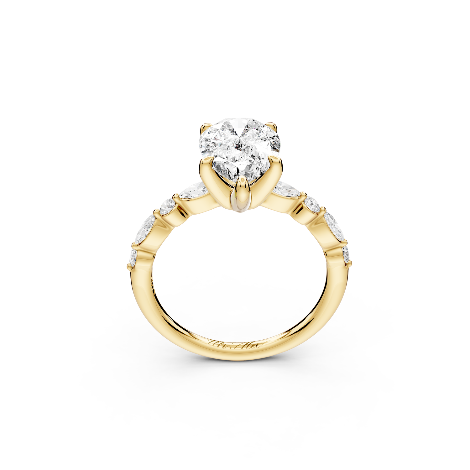 Amalia - 2ct 14k yellow gold pear Round Diamond with Alternating 8-Stone Marquise and Round Diamond Band Engagement Ring