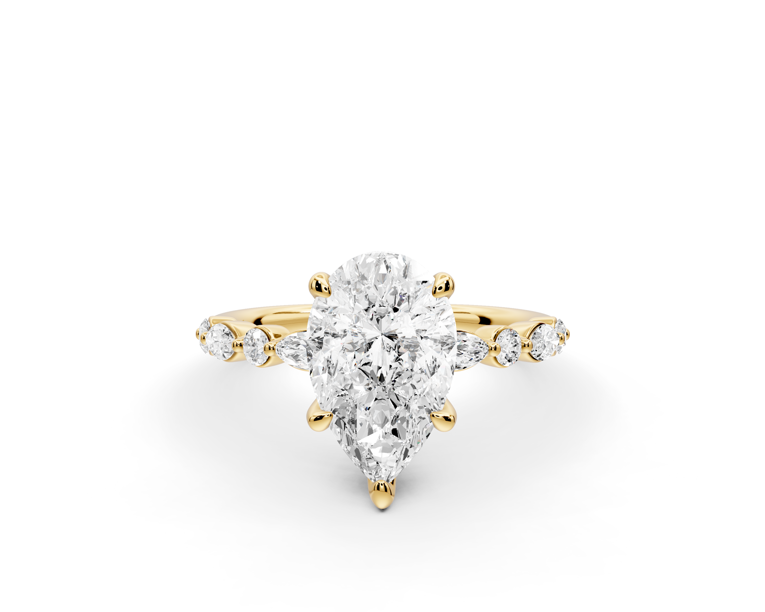 Amalia - 2ct 14k yellow gold pear Round Diamond with Alternating 8-Stone Marquise and Round Diamond Band Engagement Ring
