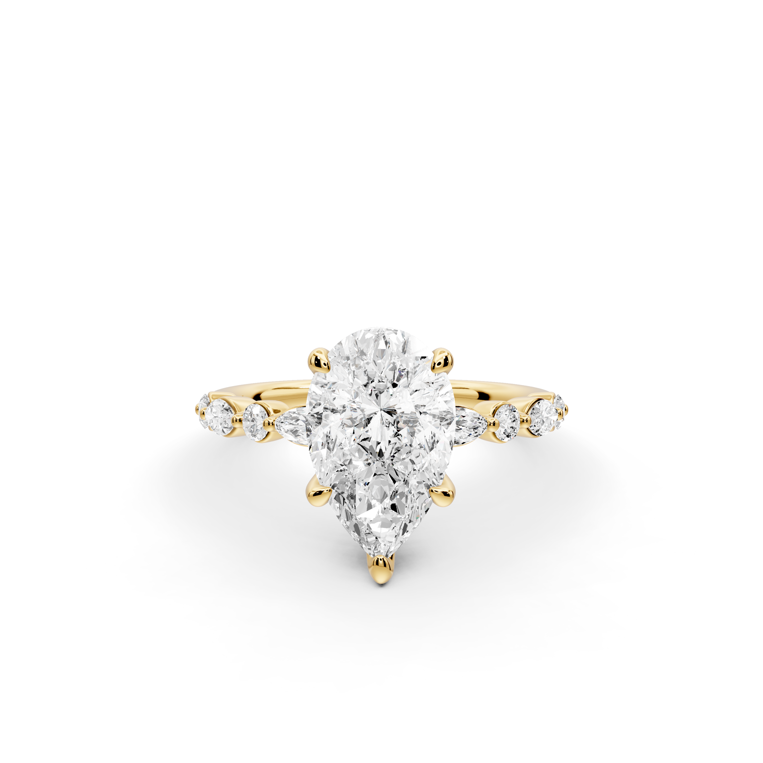Amalia - 2ct 14k yellow gold pear Round Diamond with Alternating 8-Stone Marquise and Round Diamond Band Engagement Ring