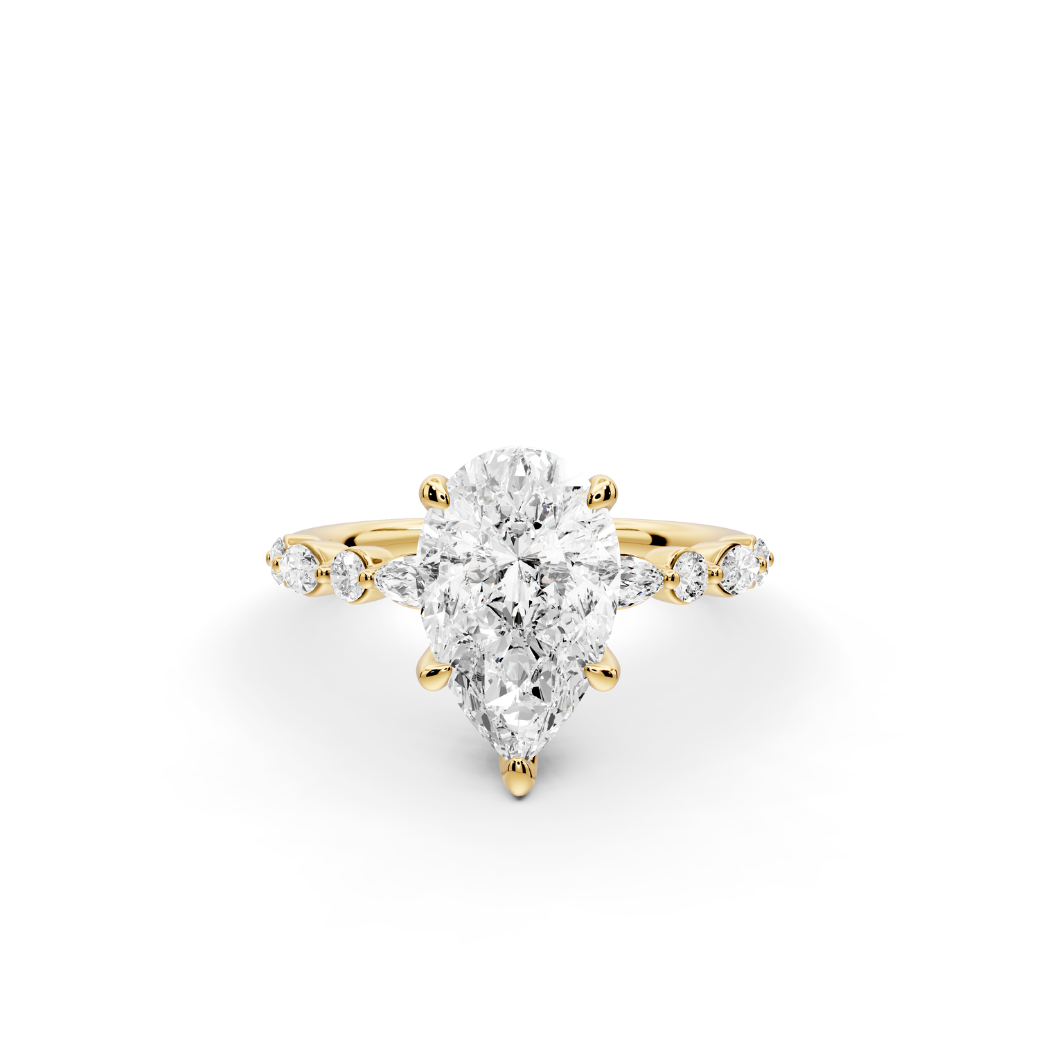 Amalia - 2ct 14k yellow gold pear Round Diamond with Alternating 8-Stone Marquise and Round Diamond Band Engagement Ring