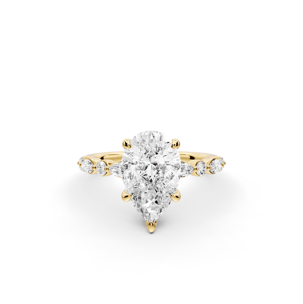 Amalia - 2ct 14k yellow gold pear Round Diamond with Alternating 8-Stone Marquise and Round Diamond Band Engagement Ring