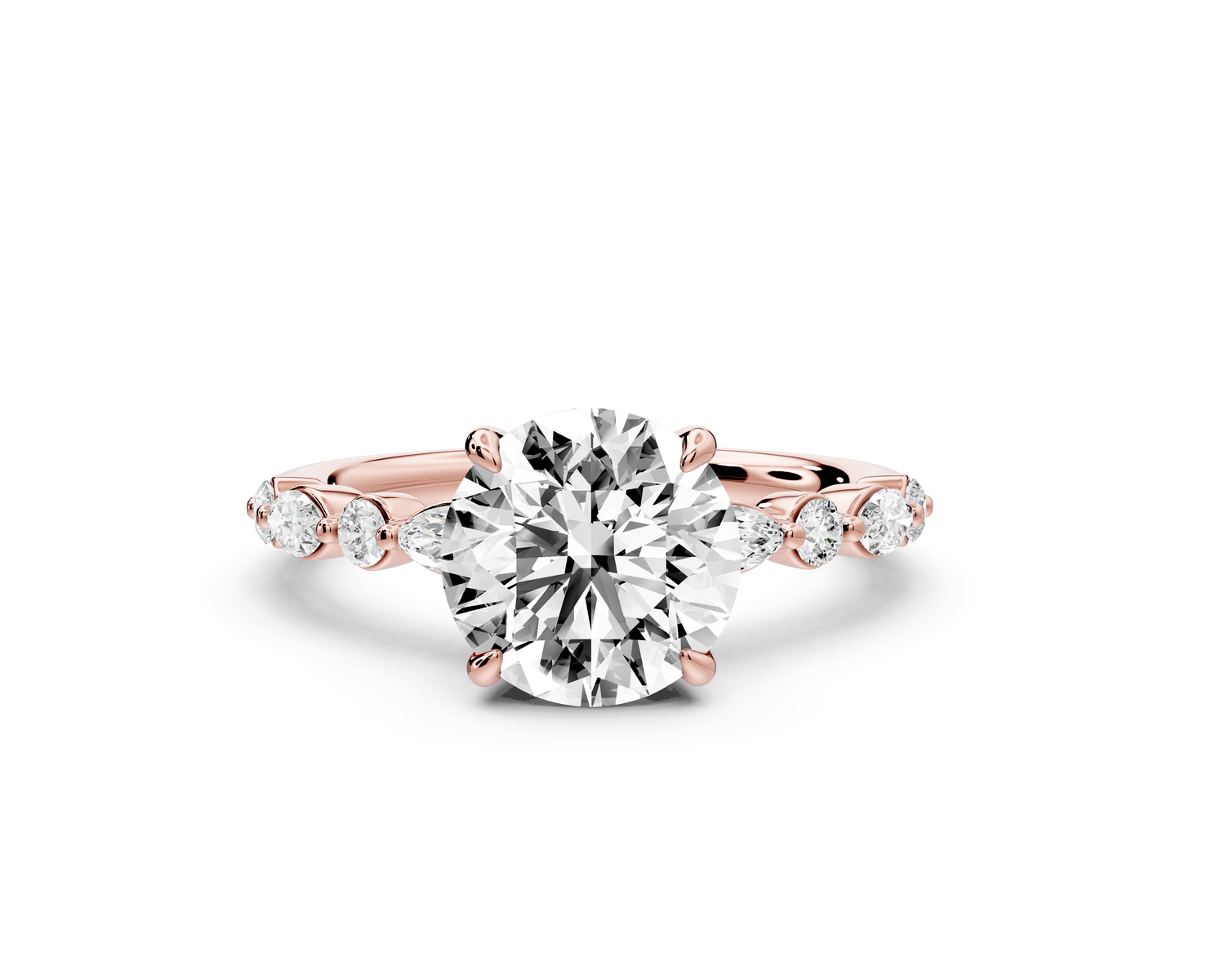 Amalia - 2ct 14k rose gold round Round Diamond with Alternating 8-Stone Marquise and Round Diamond Band Engagement Ring