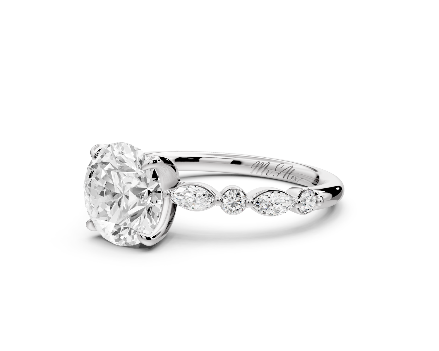 Amalia - 2ct 14k white gold round Round Diamond with Alternating 8-Stone Marquise and Round Diamond Band Engagement Ring